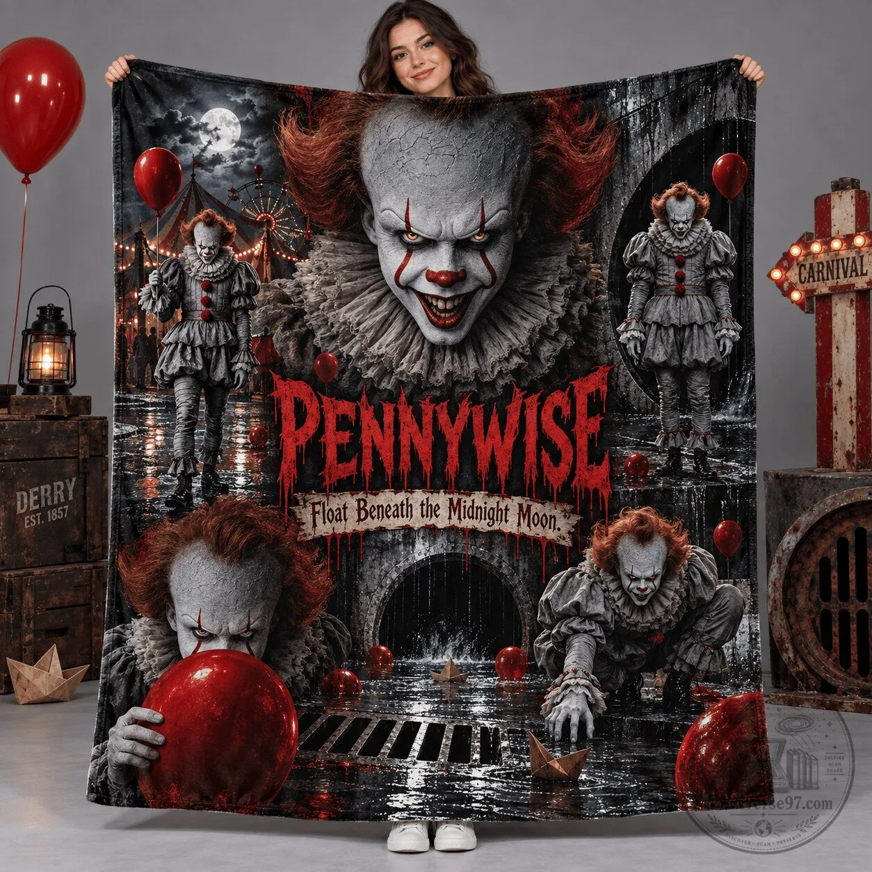 Pennywise Clown Horror Movie Float Beneath The Midnight Moon Fleece Blanket