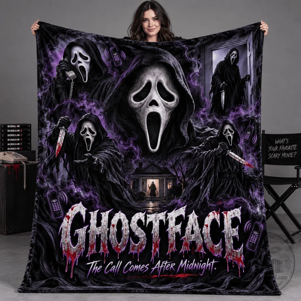 Purple Spiderweb Fleece Blanket with Ghostface Scream Horror Movie Mask Design Purple Spiderweb Fleece Blanket with Ghostface Scream Horror Movie Mask Design