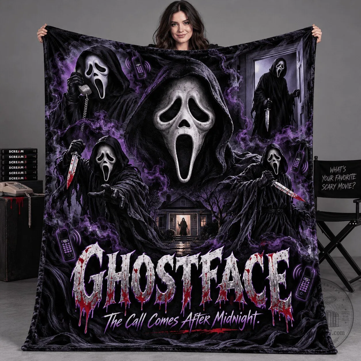 Purple Spiderweb Fleece Blanket with Ghostface Scream Horror Movie Mask Design