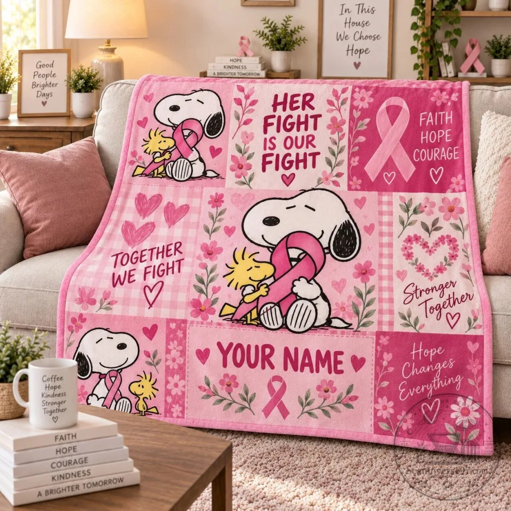 Snoopy Woodstock Breast Cancer Awareness Pink Ribbon Personalized Blanket Snoopy Woodstock Breast Cancer Awareness Pink Ribbon Personalized Blanket