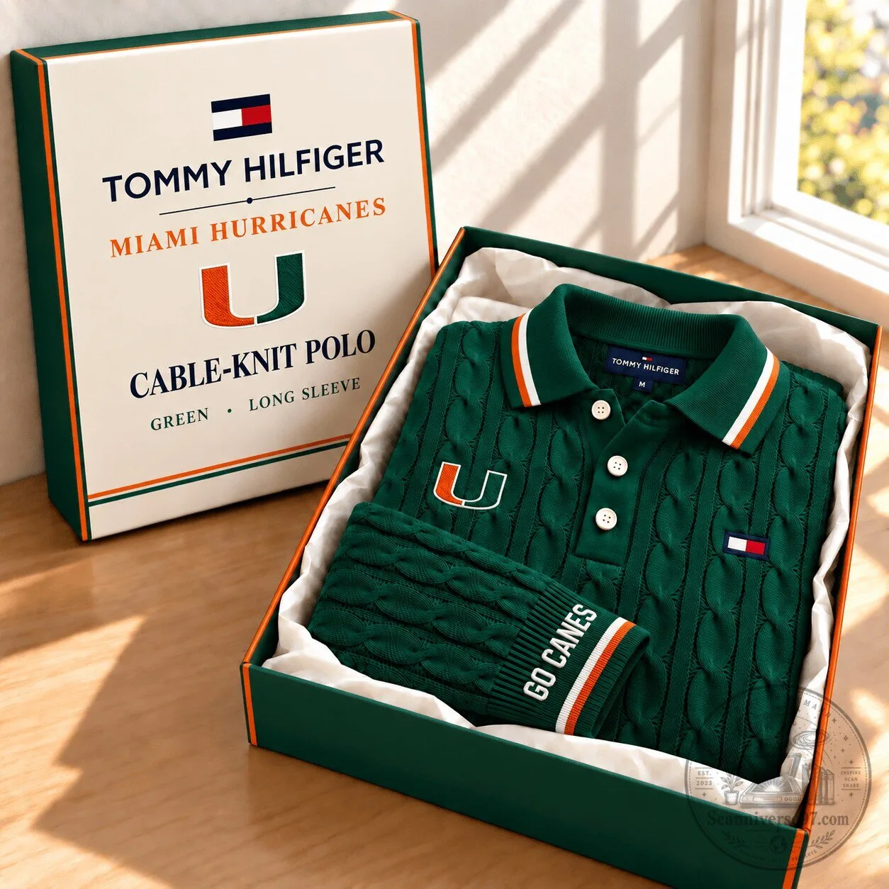 Tommy Hilfiger Miami Hurricanes Cable-Knit Green Long Sleeve Polo Shirt