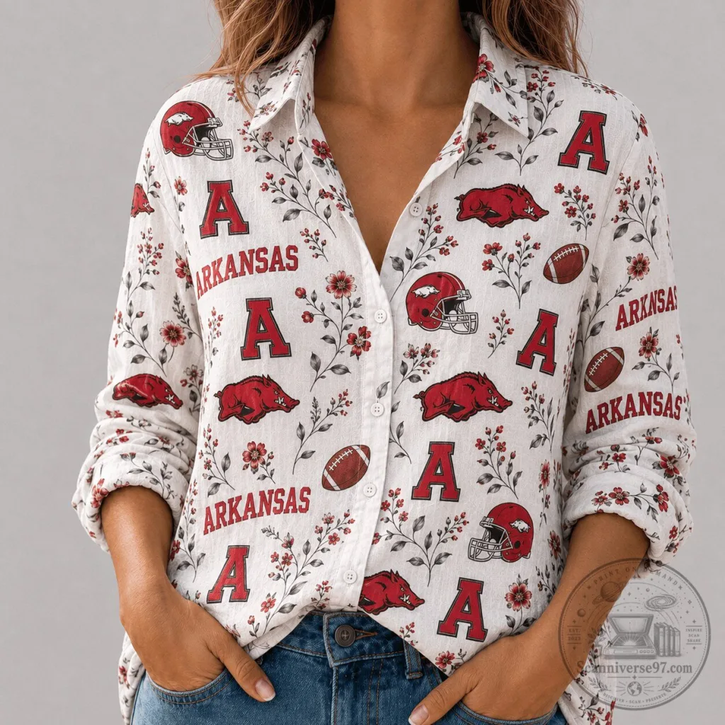 Arkansas Football Razorbacks Floral Pattern College Button-Up Shirt 1 Arkansas Football Razorbacks Floral Pattern College Button-Up Shirt