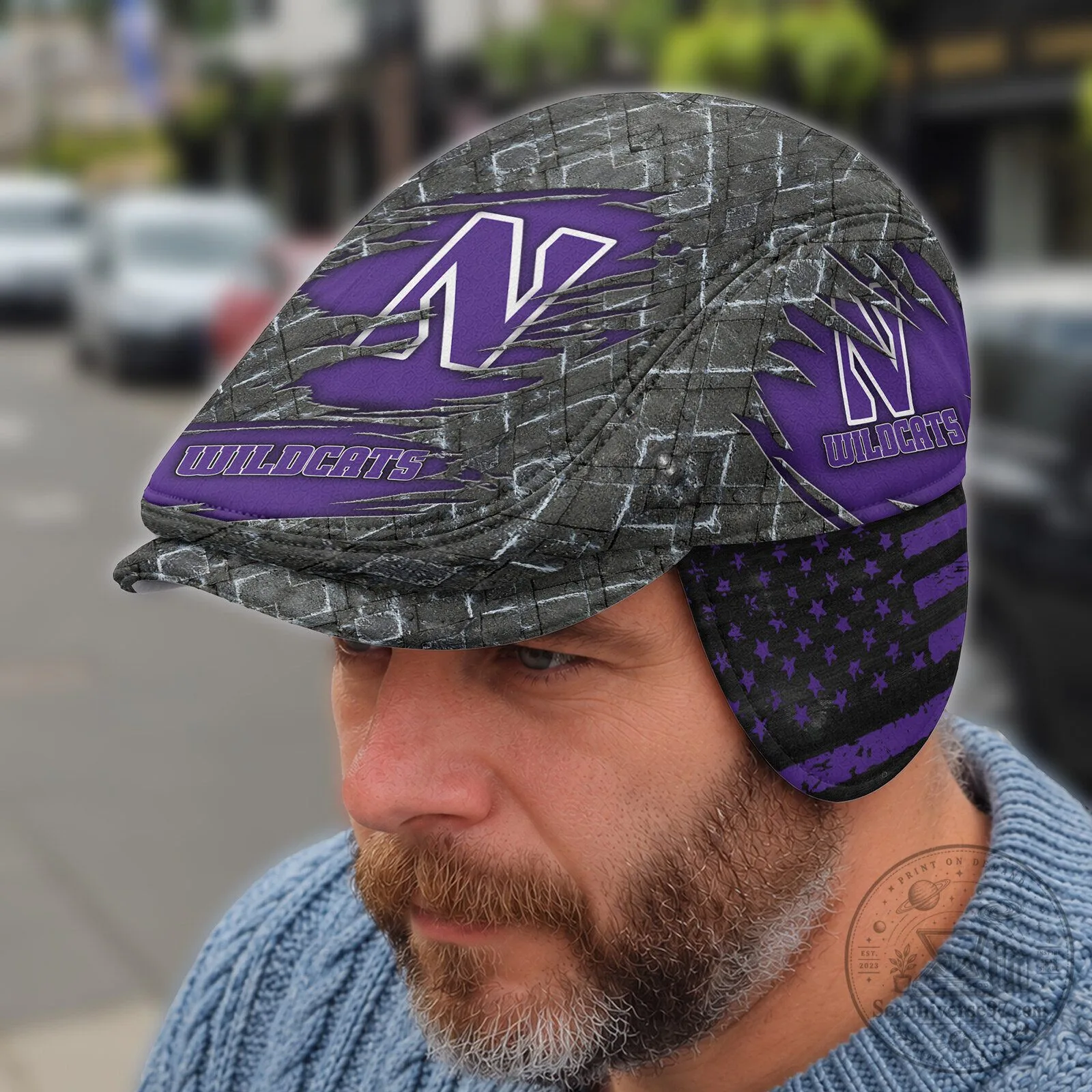 Flat Cap with Foldable Ear Flaps for Northwestern Wildcats NCAA Fans