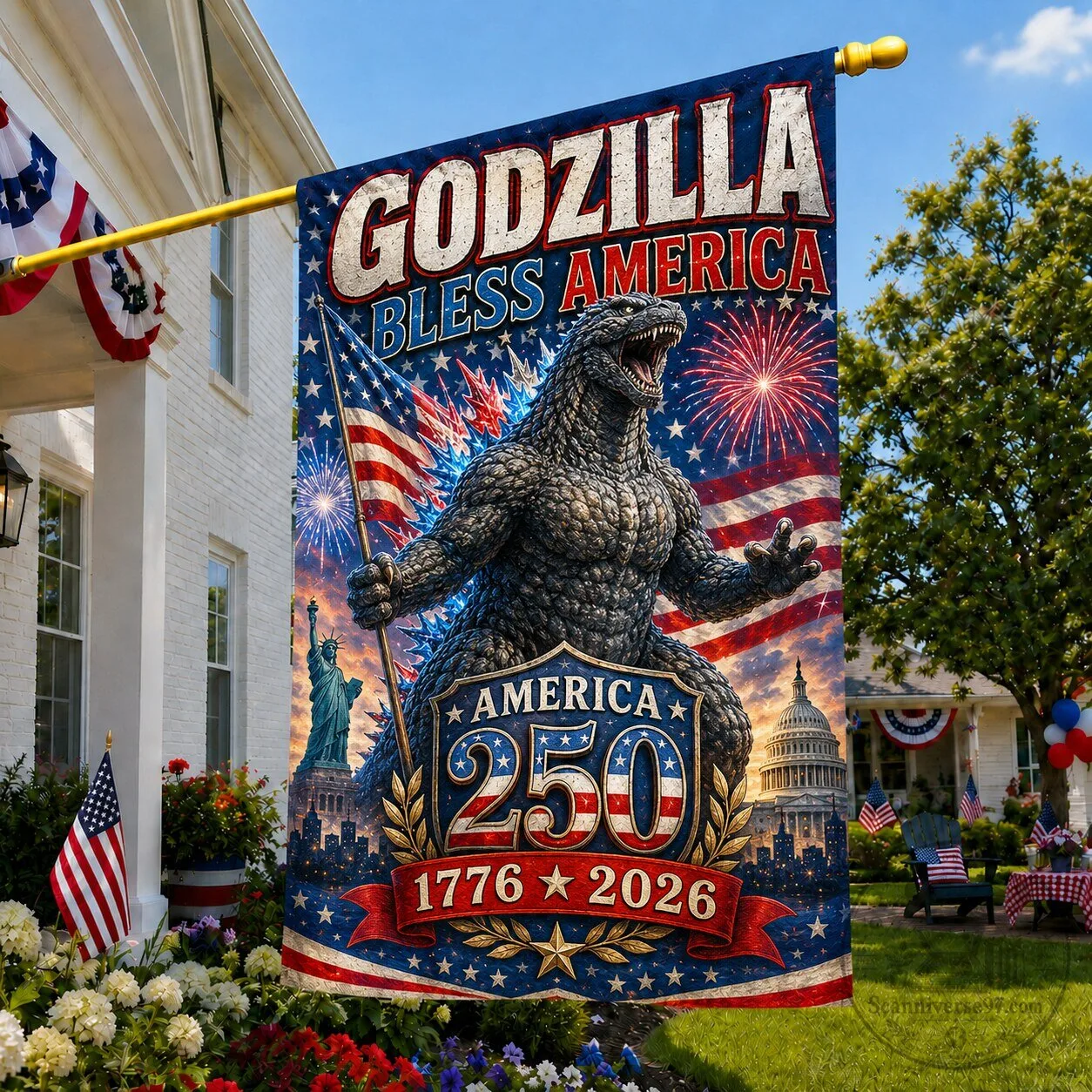 Fourth of July Godzilla Bless America 250th Anniversary Garden Flag