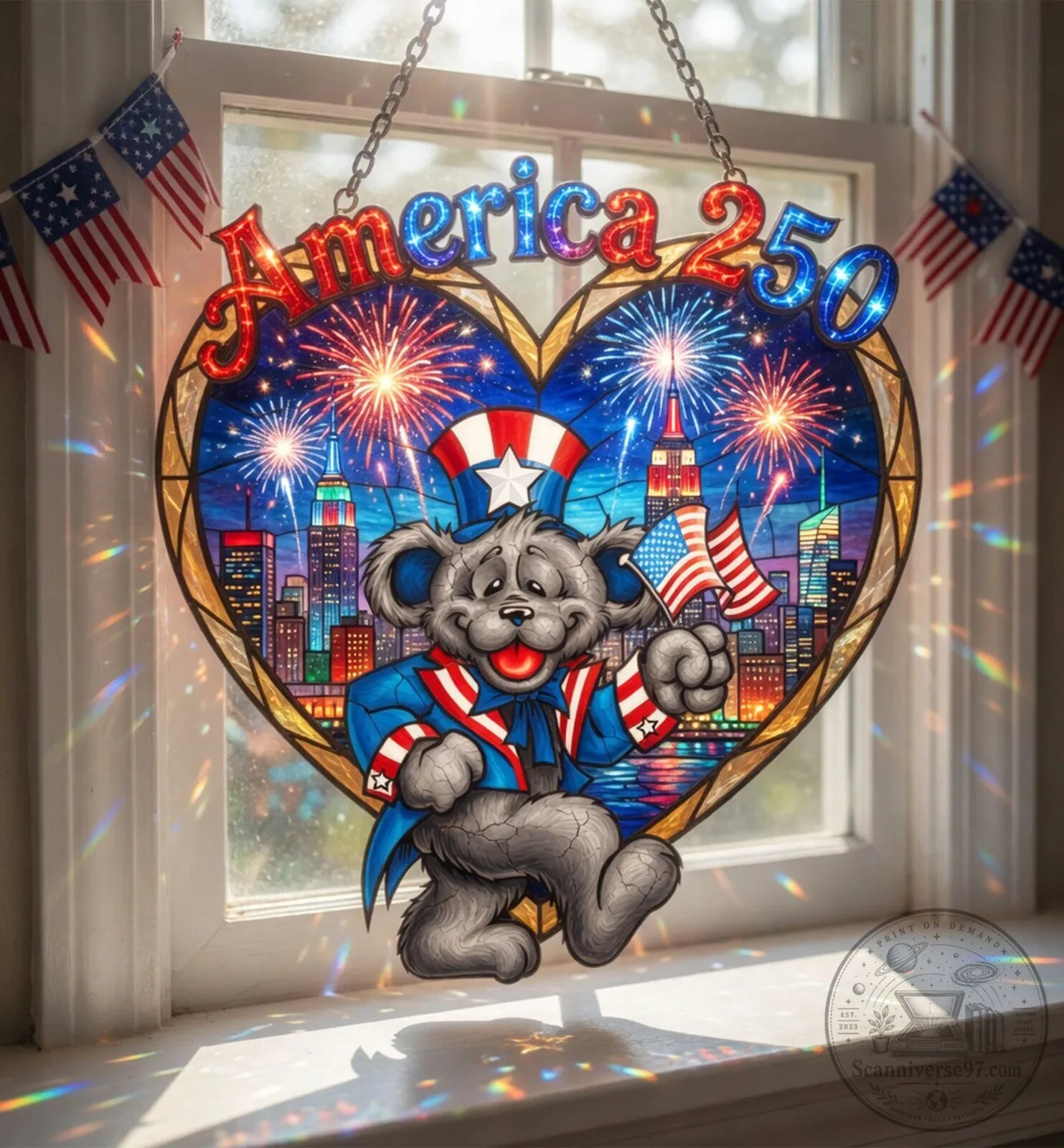 Fourth of July America 250 Patriotic Fireworks Heart Suncatcher Home Decor