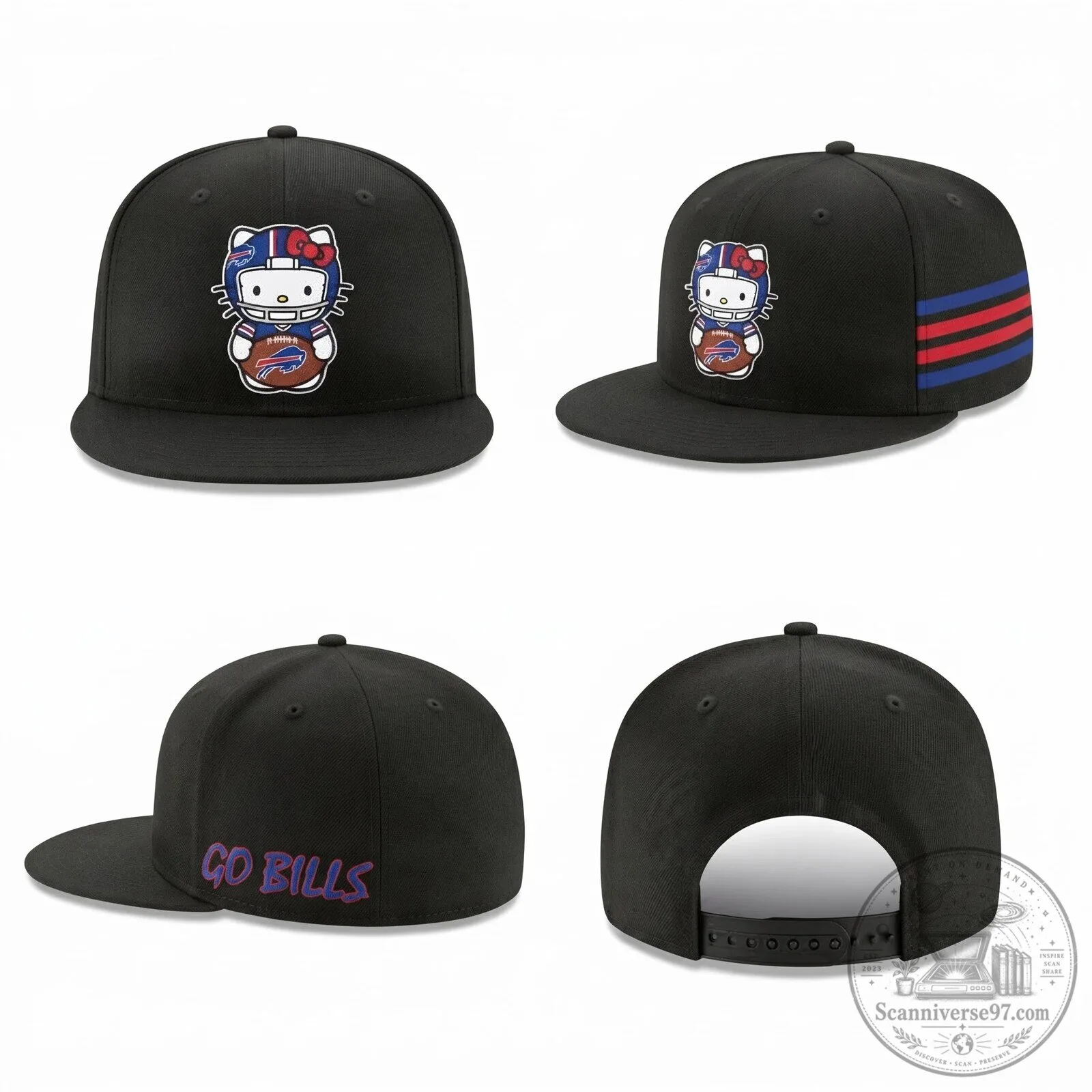 Black Snapback Hat featuring Hello Kitty as a Buffalo Bills Football Player