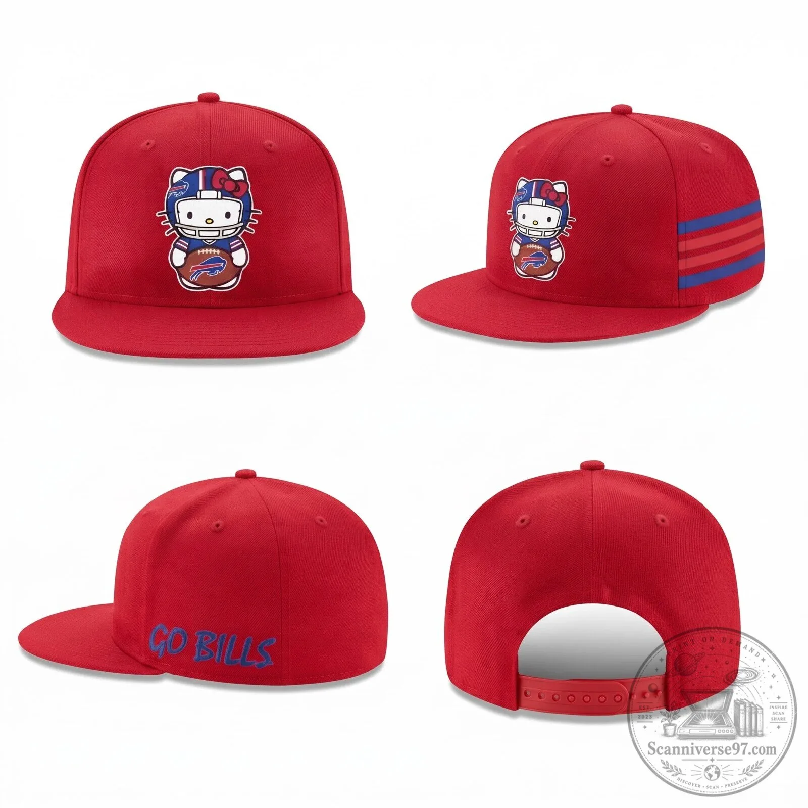 Black Snapback Hat featuring Hello Kitty as a Buffalo Bills Football Player 8 Black Snapback Hat featuring Hello Kitty as a Buffalo Bills Football Player