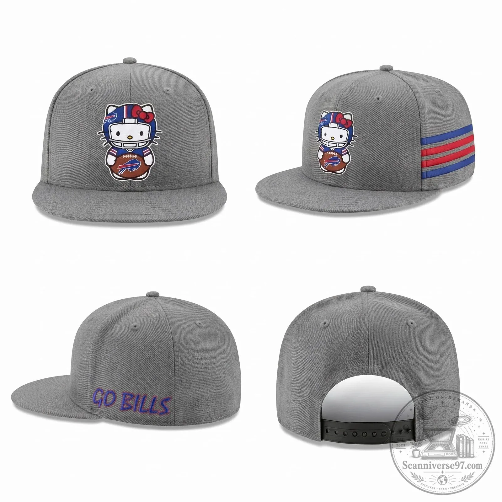 Black Snapback Hat featuring Hello Kitty as a Buffalo Bills Football Player 9 Black Snapback Hat featuring Hello Kitty as a Buffalo Bills Football Player
