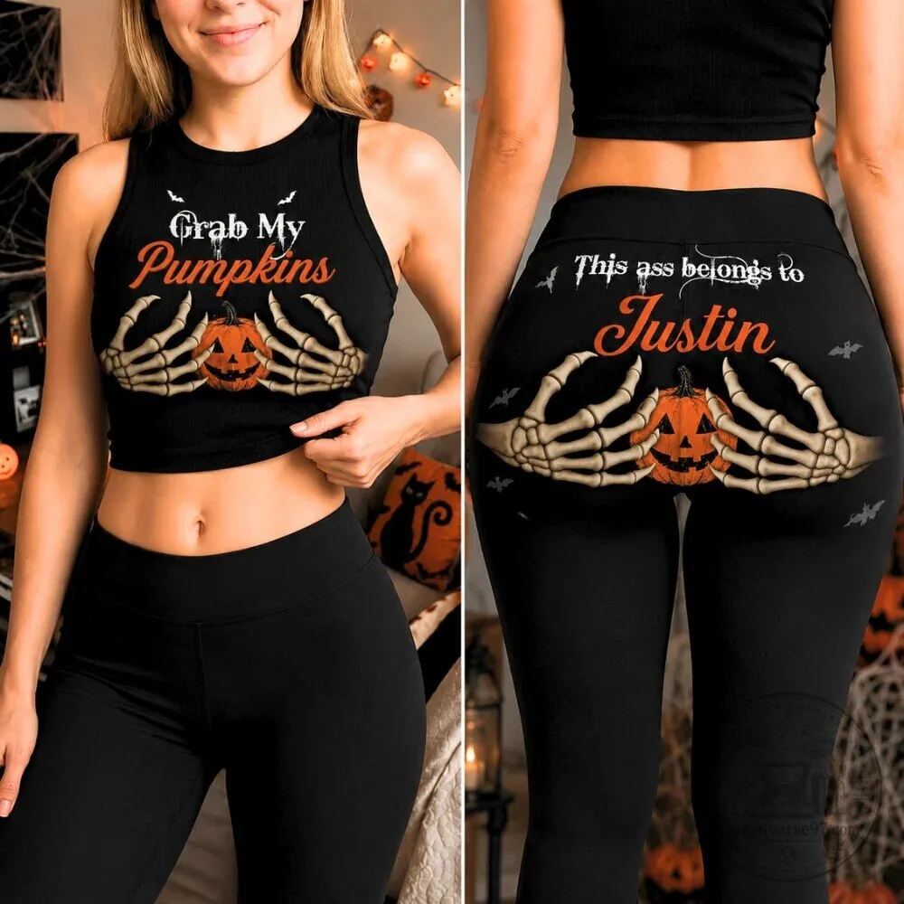 Grab My Pumpkins Halloween Skeleton Hands Crop Tank Top