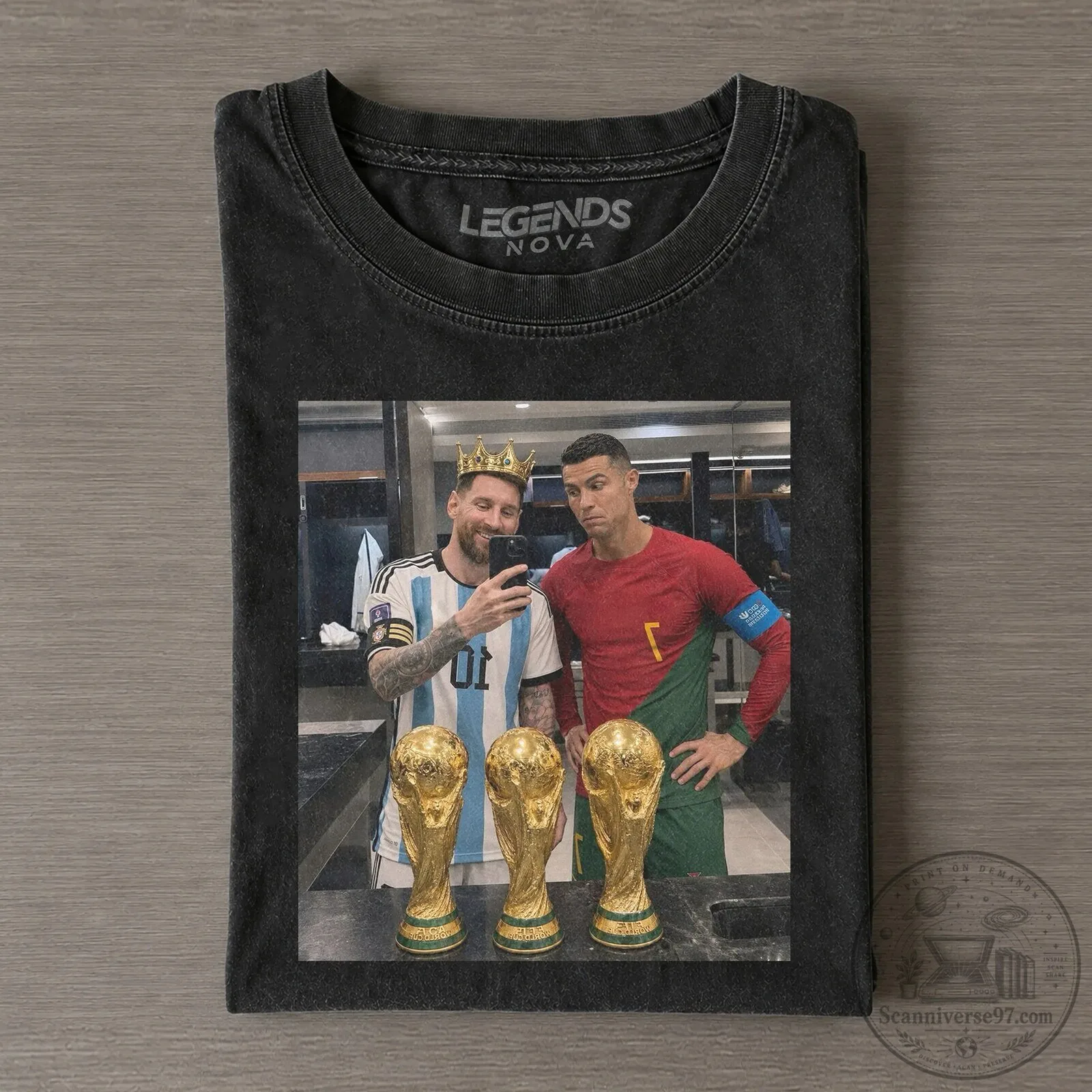Ronaldo and Messi World Cup Champions Vintage Style Black T-Shirt