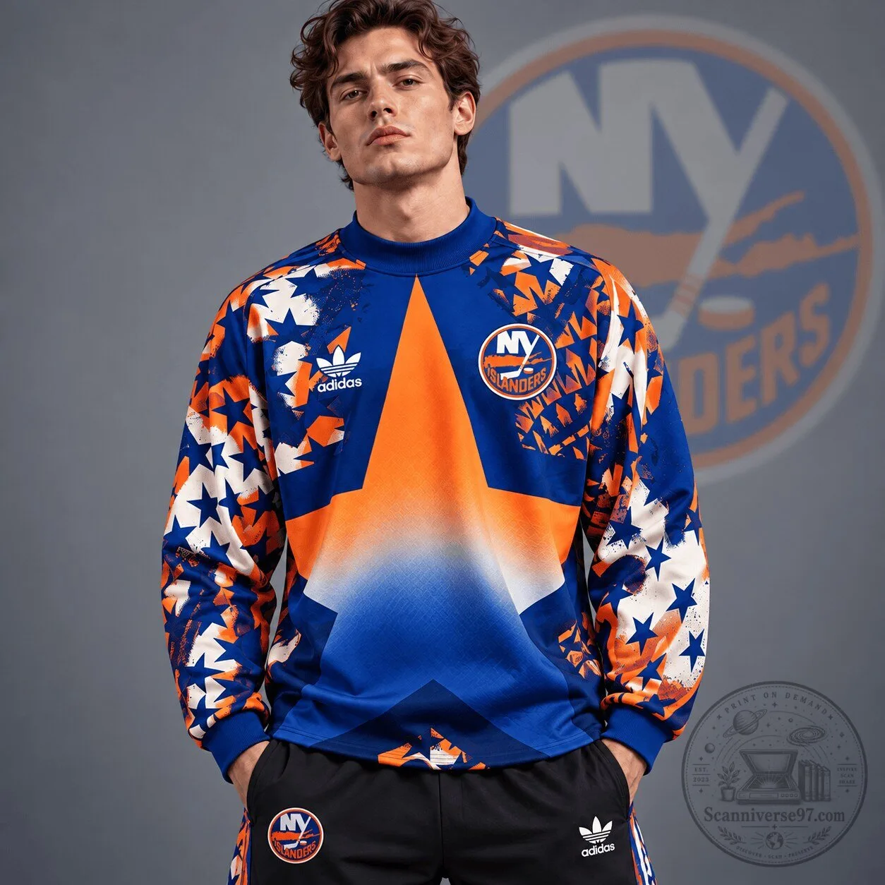 New York Islanders Adidas Starburst All Over Print Crewneck Sweatshirt