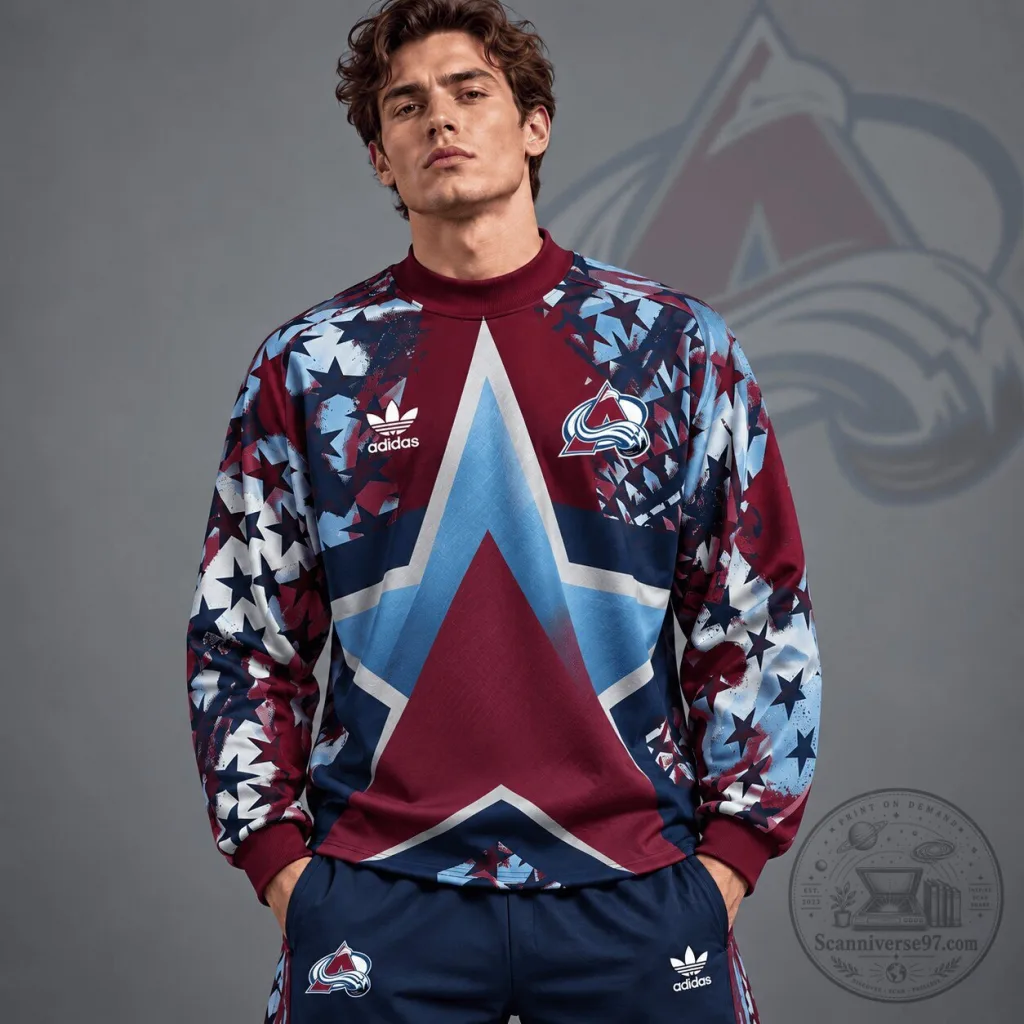 Colorado Avalanche NHL Retro Starburst All Over Print Crewneck Sweatshirt Colorado Avalanche NHL Retro Starburst All Over Print Crewneck Sweatshirt