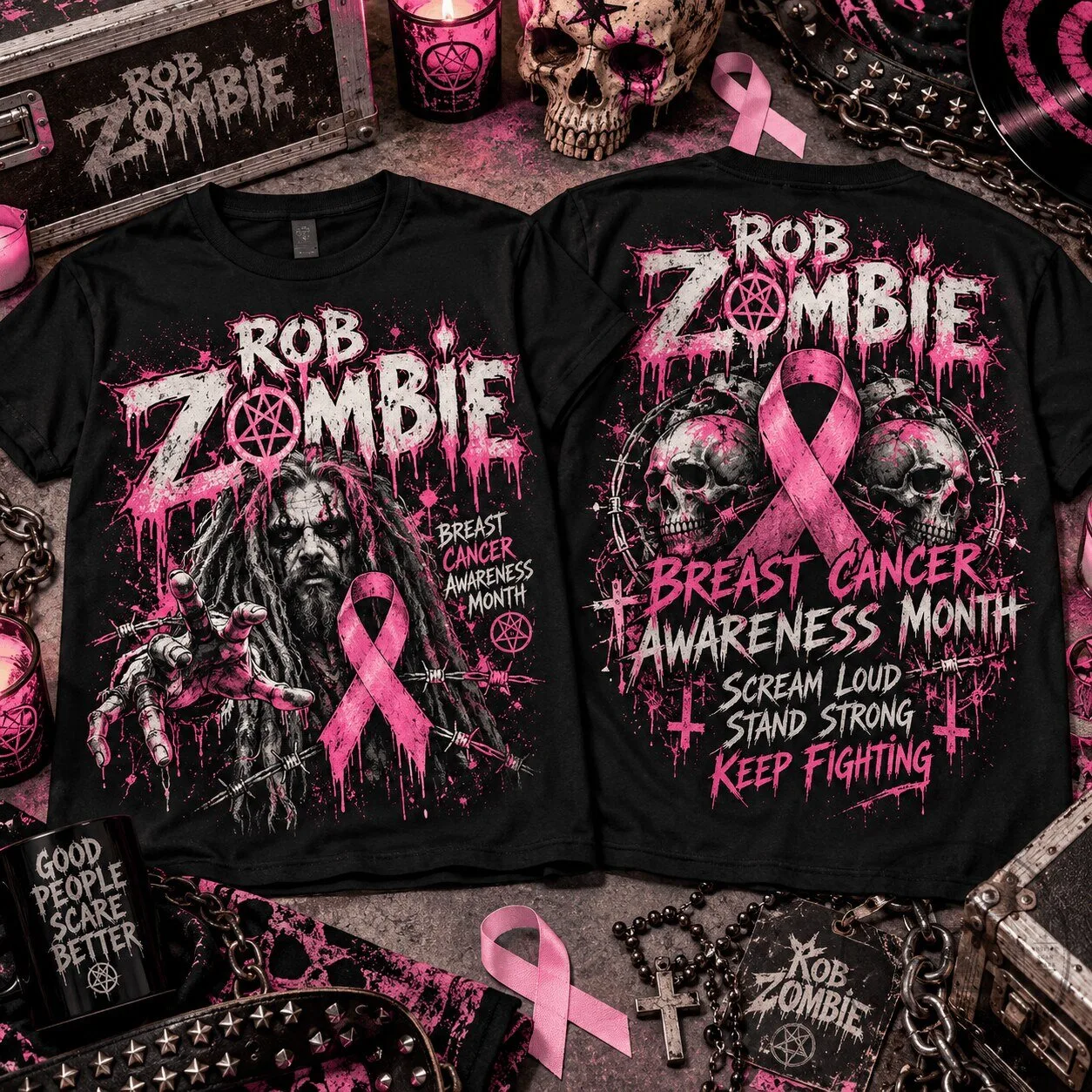 Rob Zombie Breast Cancer Awareness Month Pink Ribbon T-Shirt