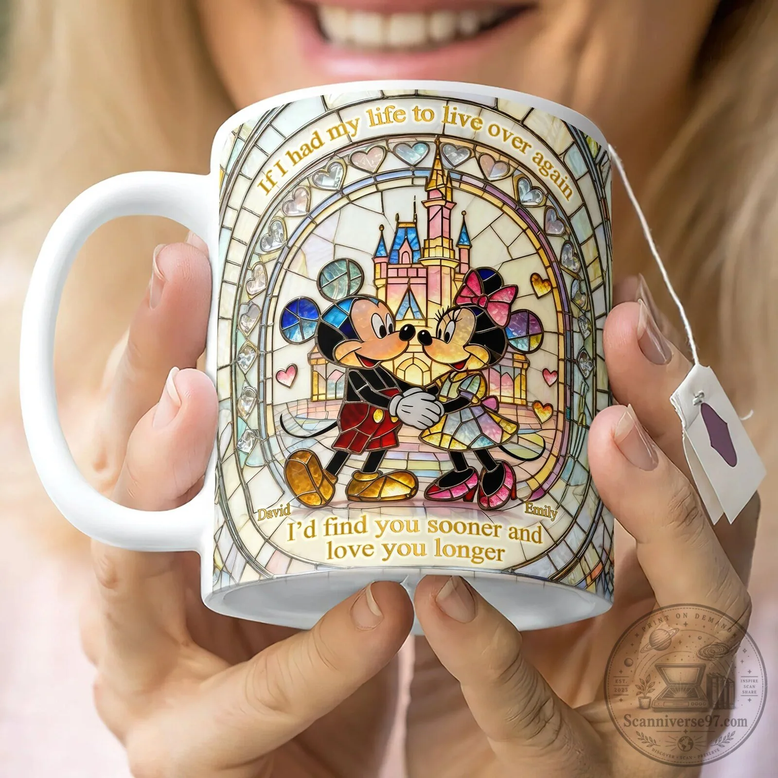 Mickey and Minnie Mouse Stained Glass Castle Personalized Coffee Mug