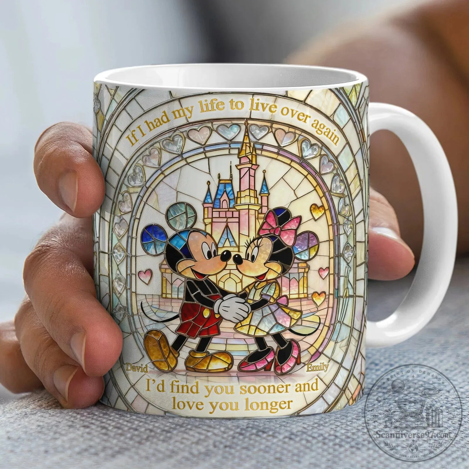 Mickey and Minnie Mouse Stained Glass Castle Personalized Coffee Mug 5 Mickey and Minnie Mouse Stained Glass Castle Personalized Coffee Mug
