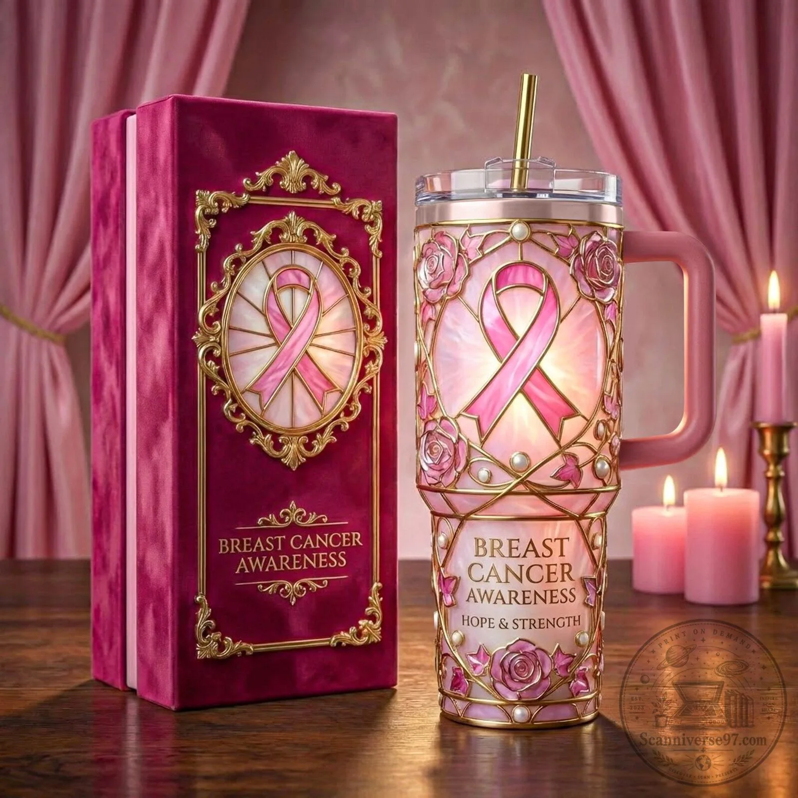 Pink Ribbon Tumbler with Handle for Breast Cancer Awareness - Hope and Strength Design