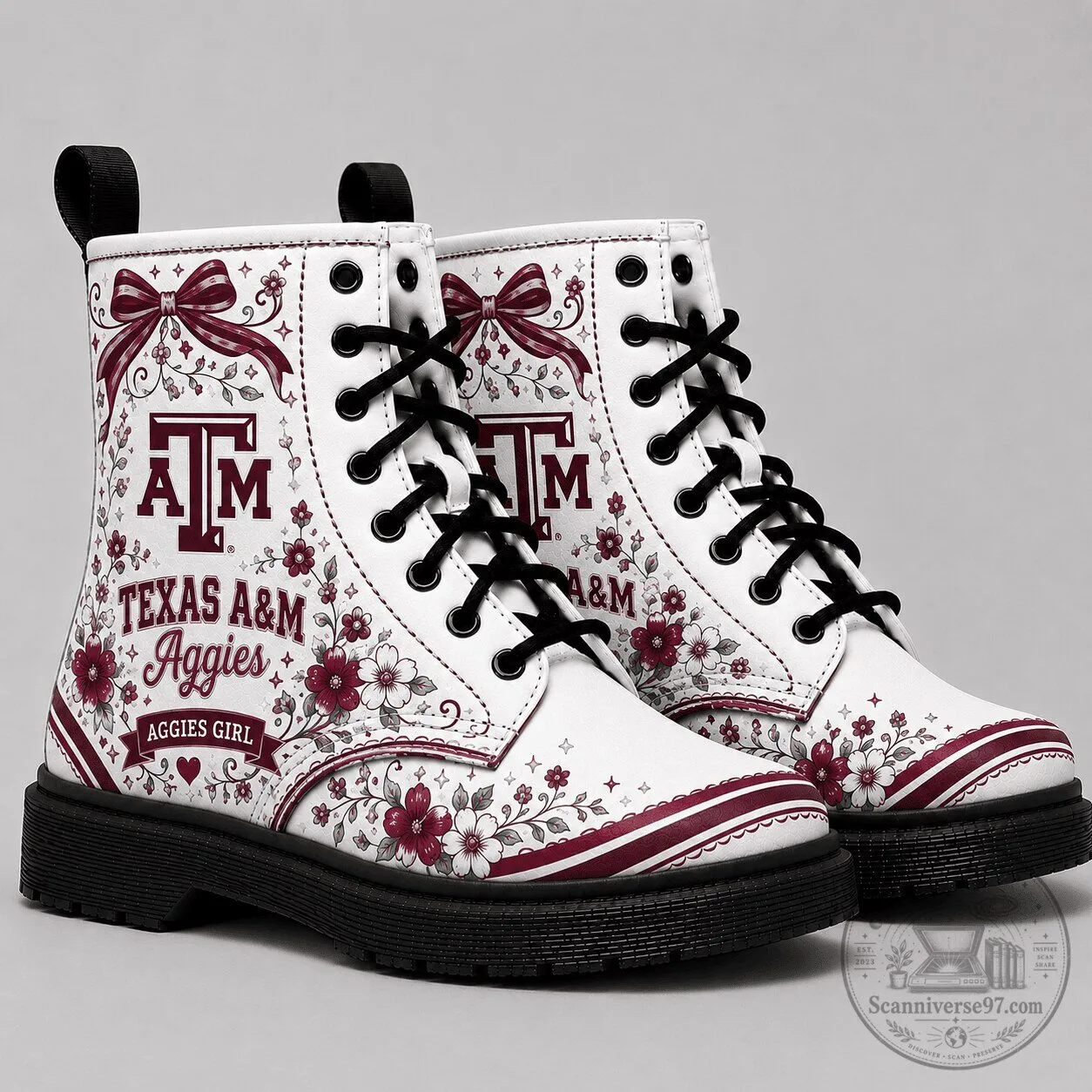 Women’s White Combat Boots with Floral Design featuring Texas A&M Aggies