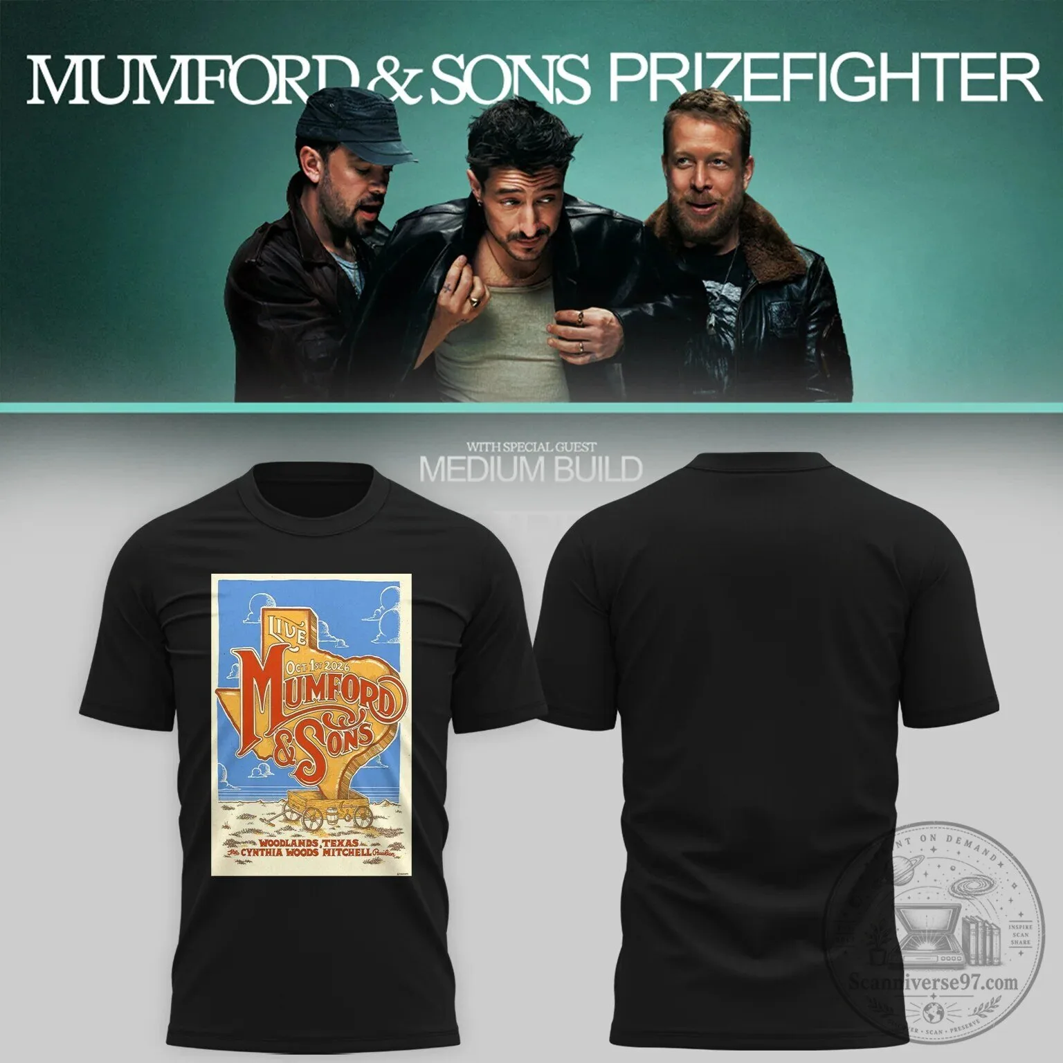 The Woodlands Texas Concert T-Shirt featuring Mumford And Sons Event Poster Design