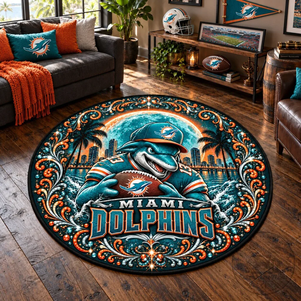 Miami Dolphins Football Team Mascot Round Area Rug Miami Dolphins Football Team Mascot Round Area Rug