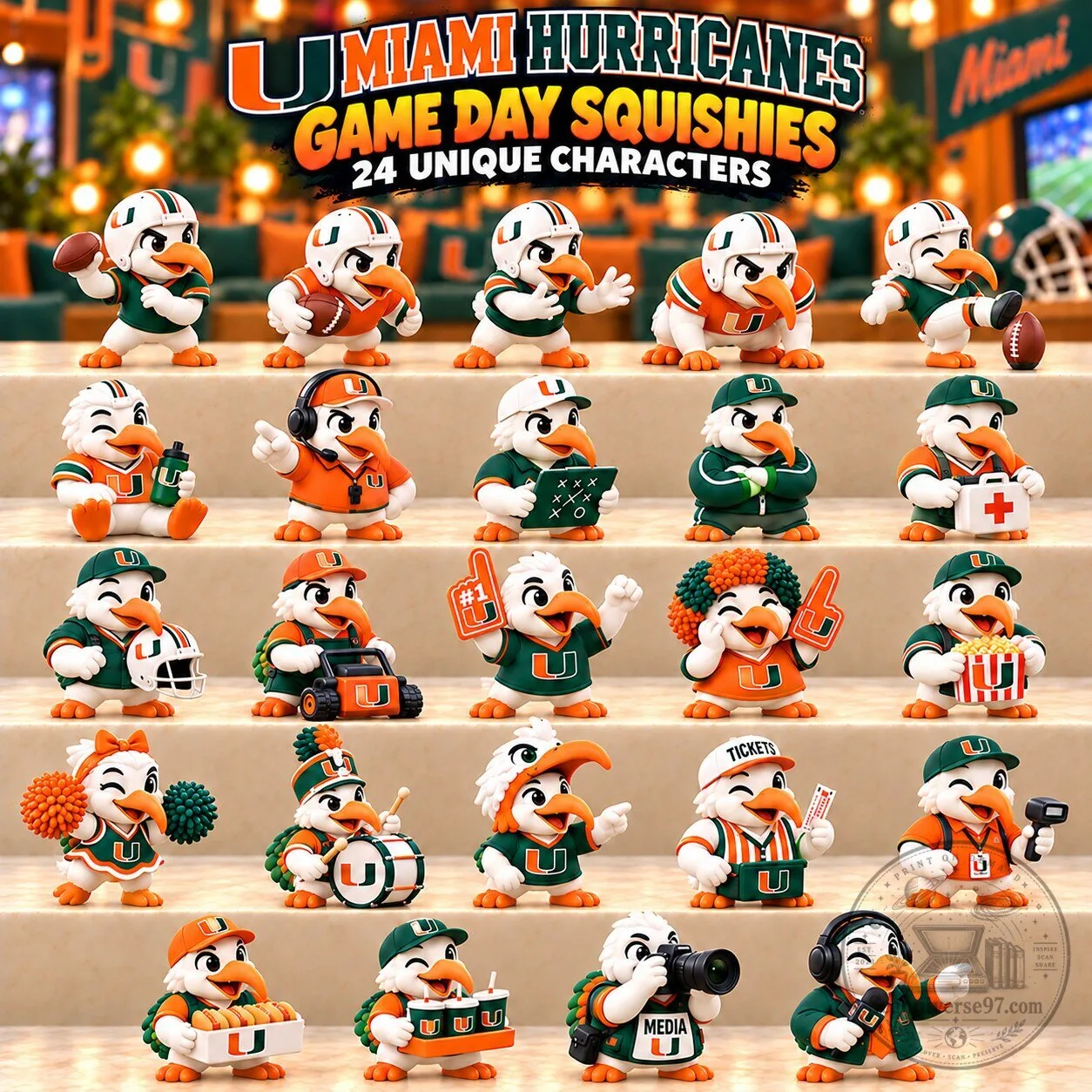 Miami Hurricanes Game Day Squishies 24 Unique Characters Collectible Figurine Set