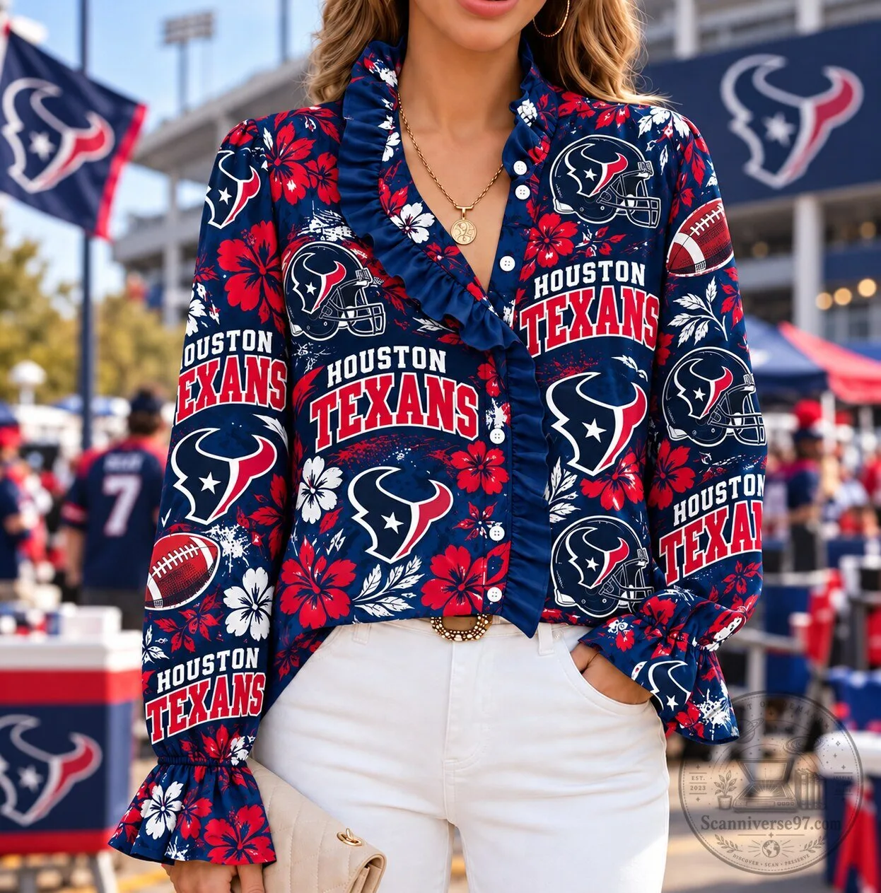 Houston Texans Floral Ruffle Button Down Long Sleeve Blouse