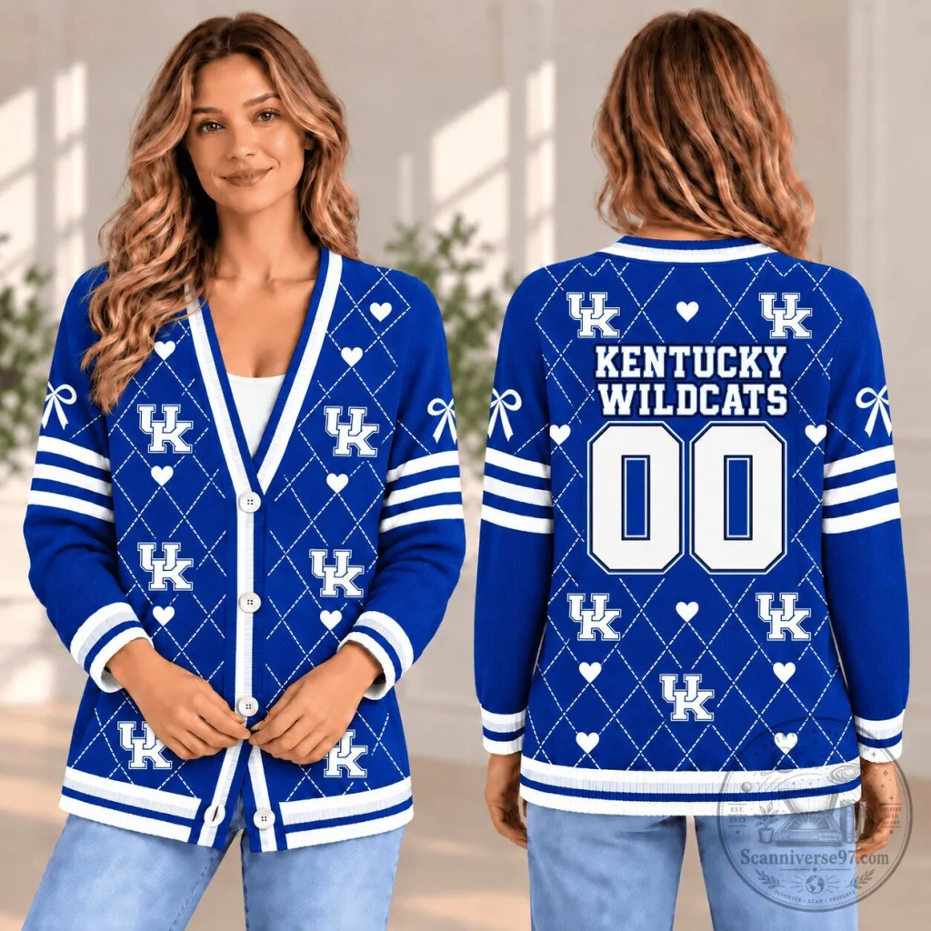 Kentucky Wildcats Personalized Number and Name Blue Cardigan Sweater Kentucky Wildcats Personalized Number and Name Blue Cardigan Sweater
