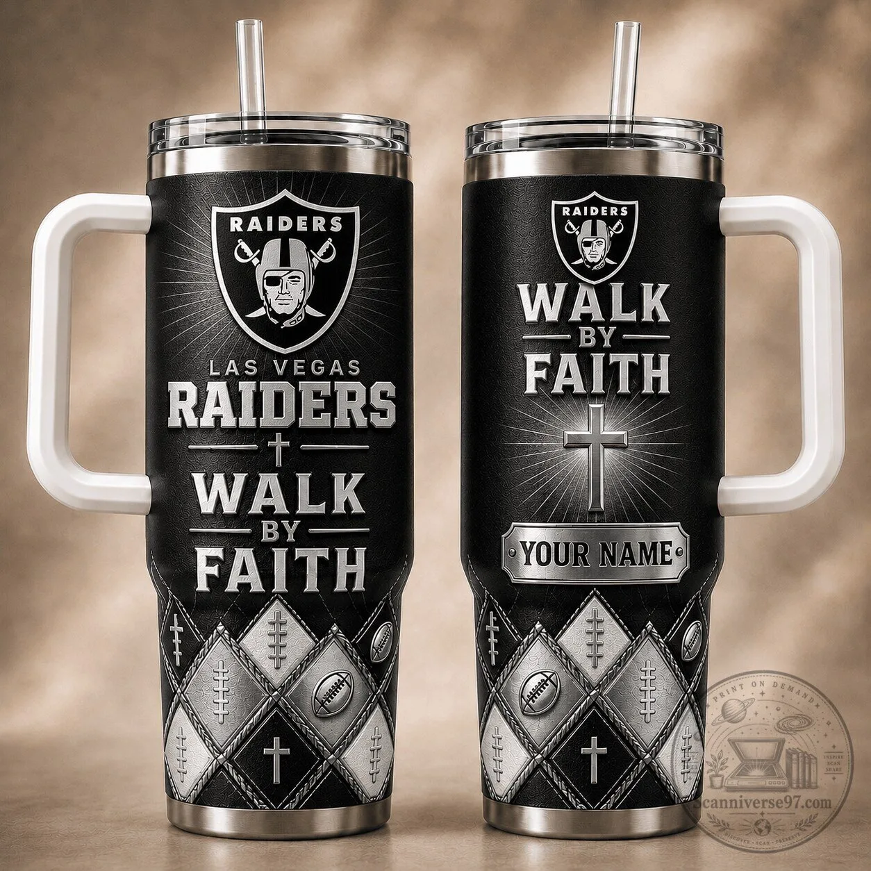 Las Vegas Raiders Walk By Faith Personalized NFL Football Tumbler