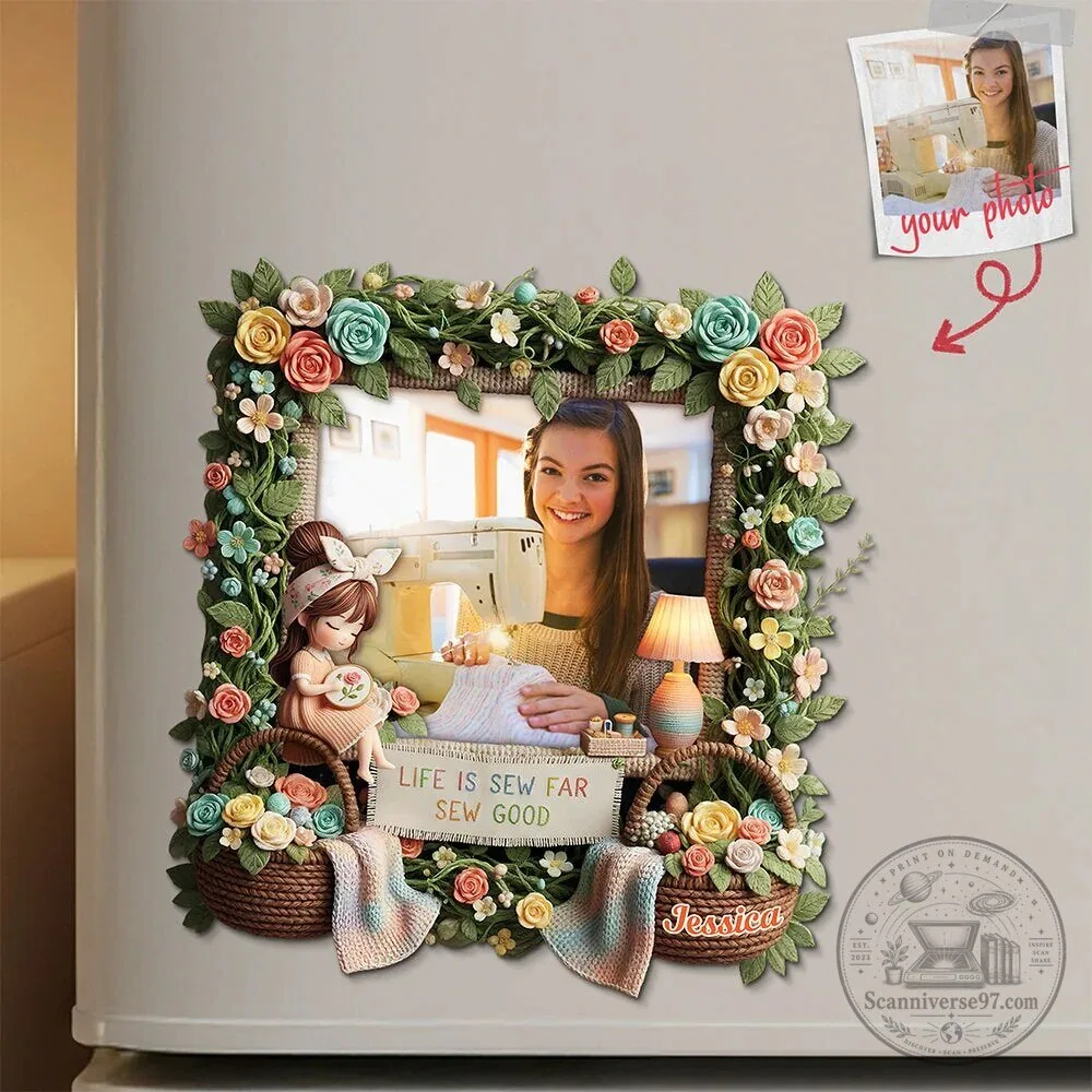 Personalized Sewing Girl Floral Frame Custom Photo Refrigerator Magnet