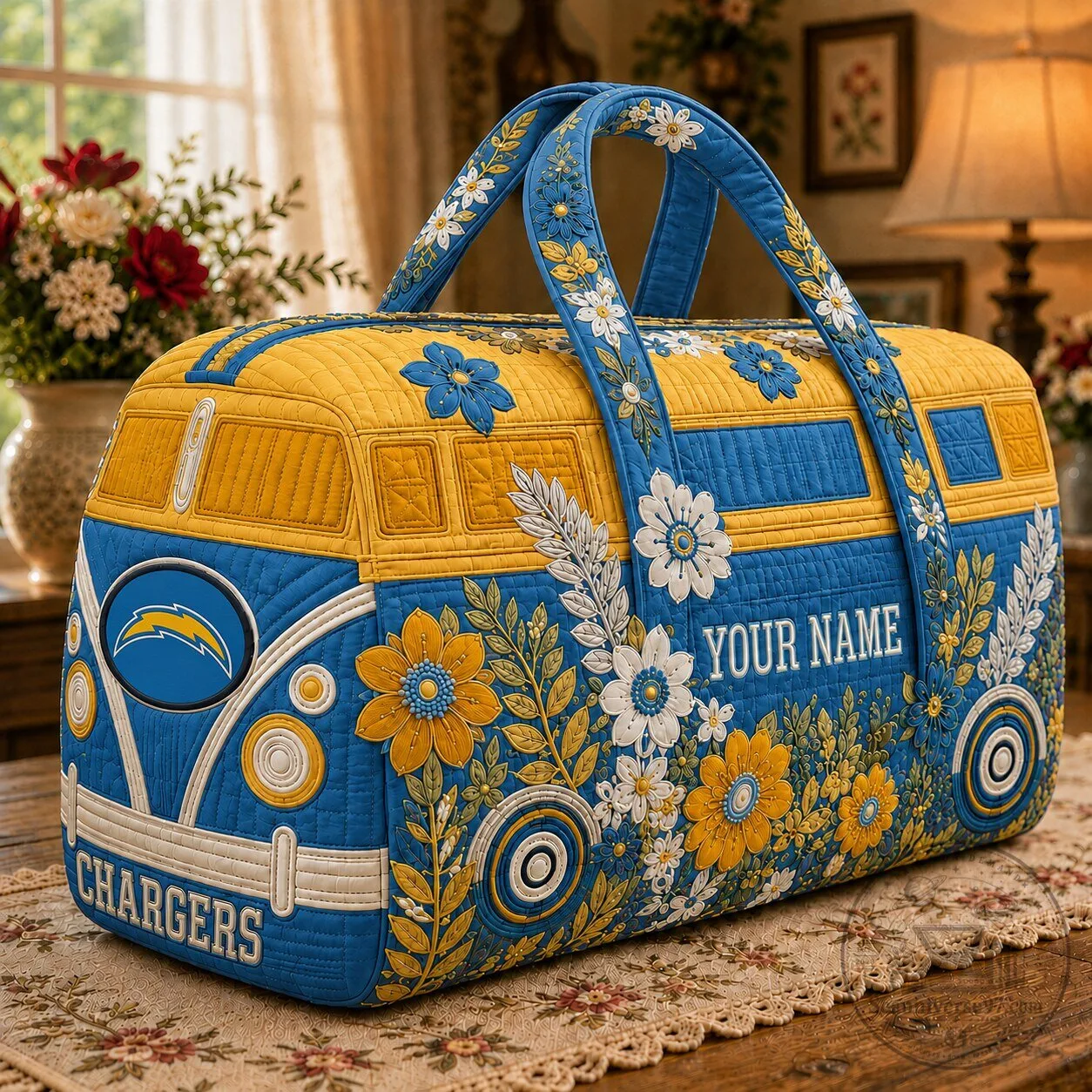 Los Angeles Chargers Floral Volkswagen Bus Quilted Duffle Bag