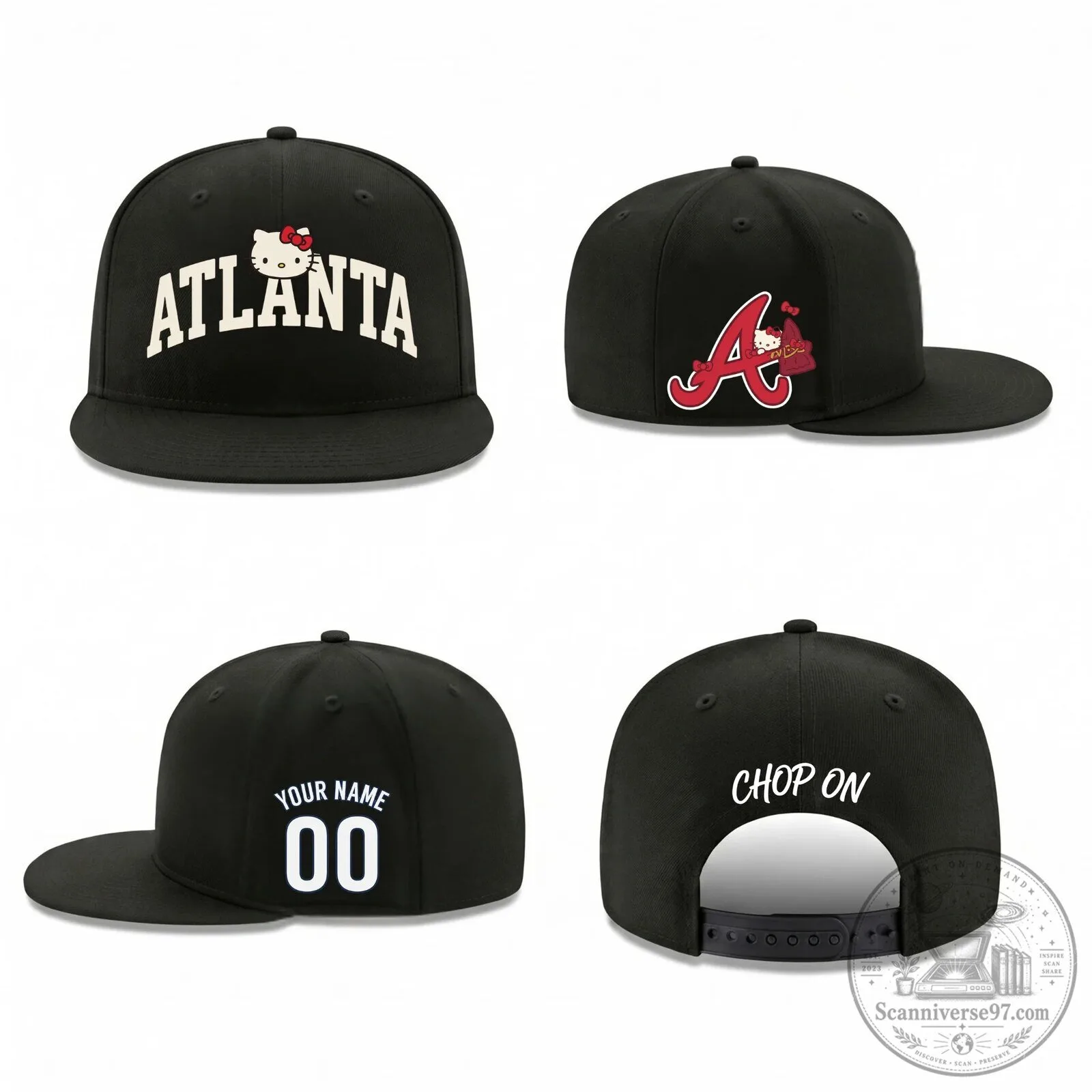 Atlanta Braves Hello Kitty Personalized Black Snapback Cap Hat