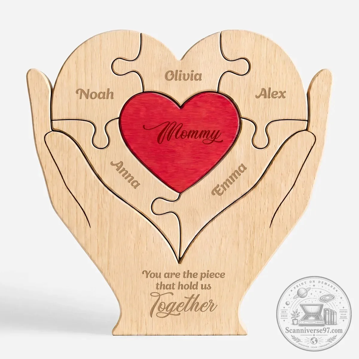 Personalized Heart Shaped Wooden Puzzle for Mom with Custom Family Names
