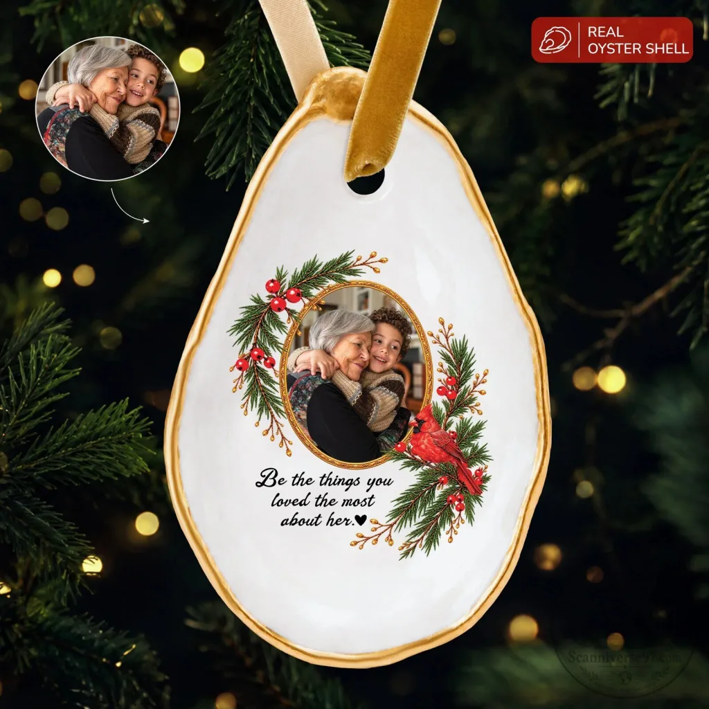 Personalized Memorial Photo Oyster Shell Christmas Ornament with Cardinal Personalized Memorial Photo Oyster Shell Christmas Ornament with Cardinal