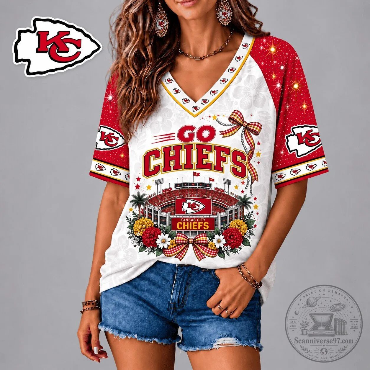 Kansas City Chiefs Patriotic Floral Bow V-Neck Raglan T-Shirt for Women