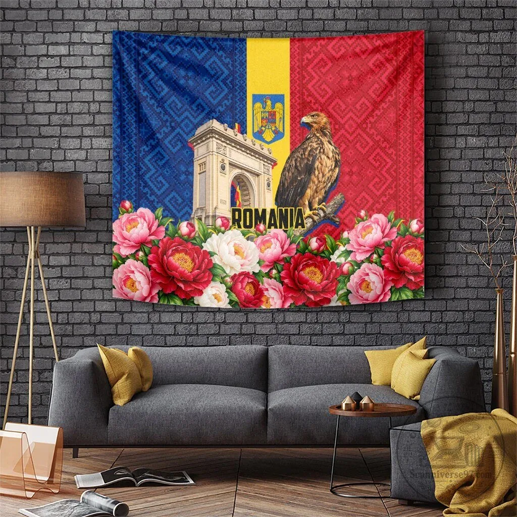 Romania Flag Eagle Arcul De Triumf Peony Floral Pattern Wall Hanging Tapestry