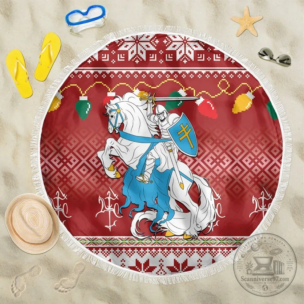 Lithuanian Vytis Christmas Ugly Sweater Pattern Round Beach Blanket