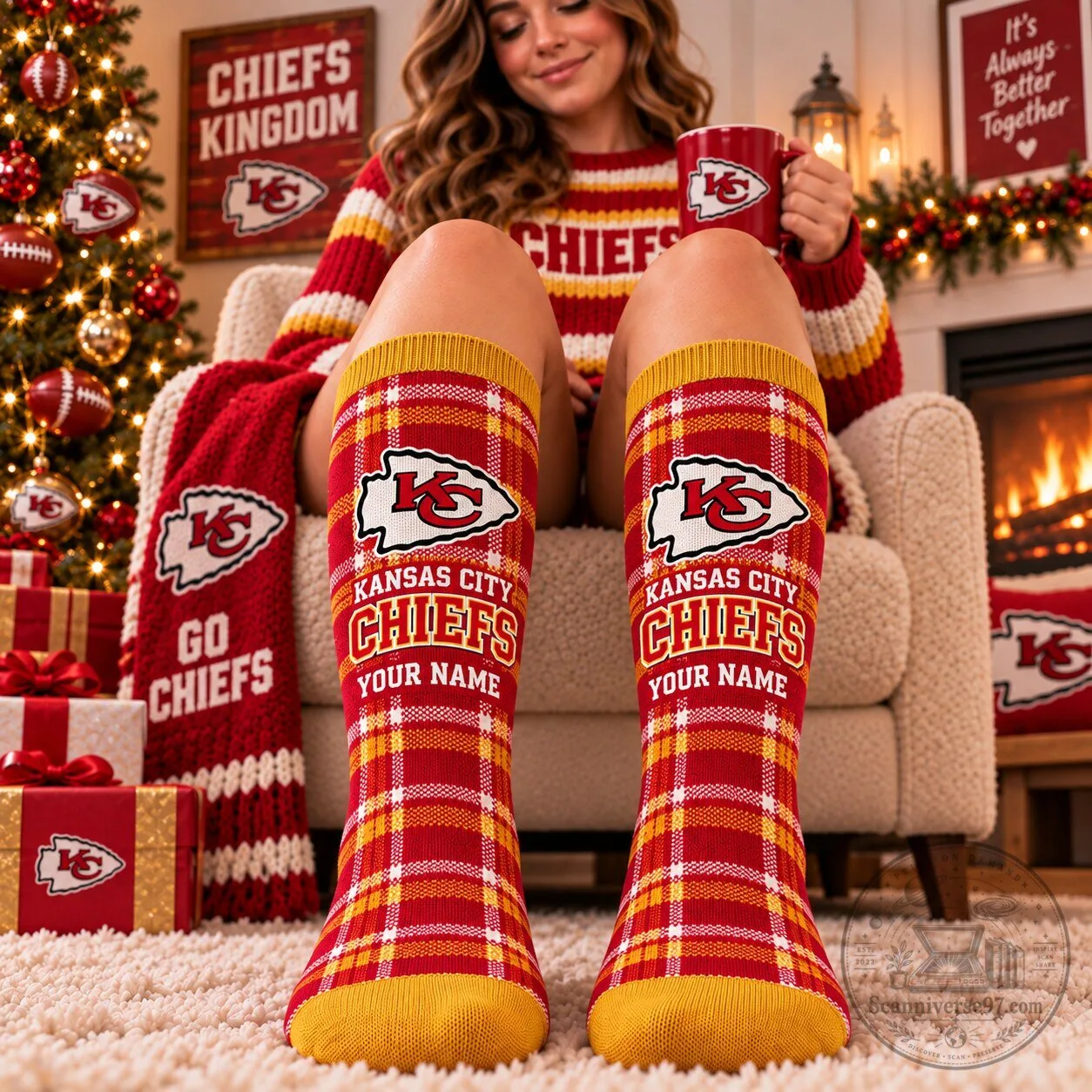 Kansas City Chiefs Football Team Plaid Pattern Custom Name Fan Socks