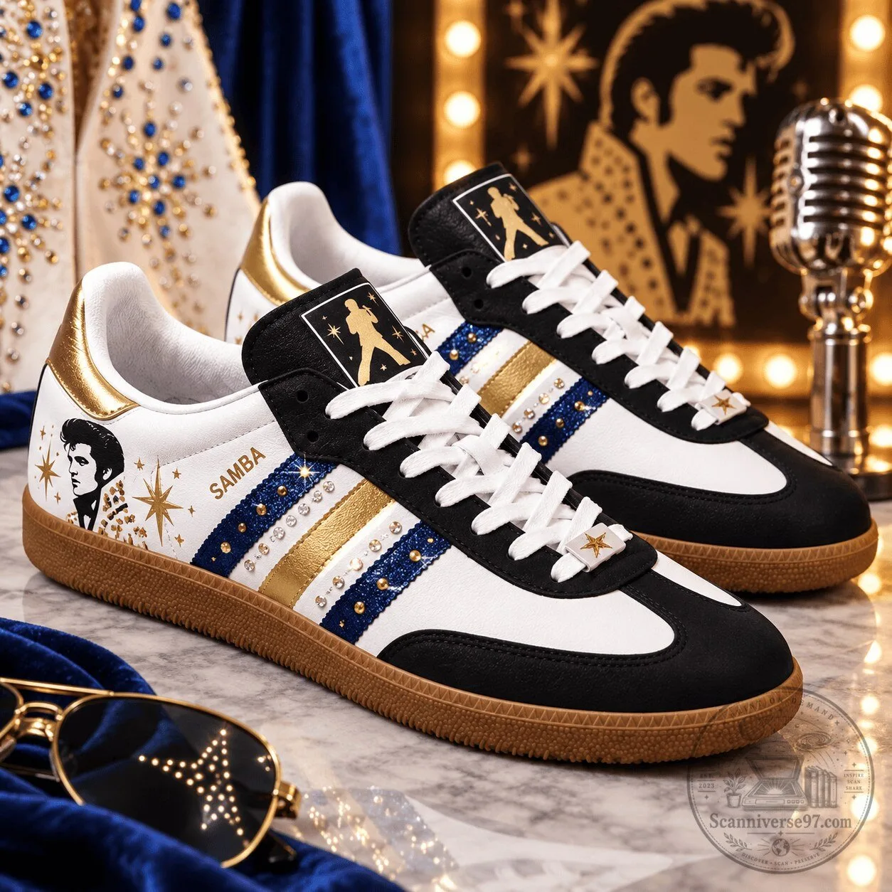 Elvis Presley Inspired Samba Style White and Gold Fashionable Sneakers Shoes