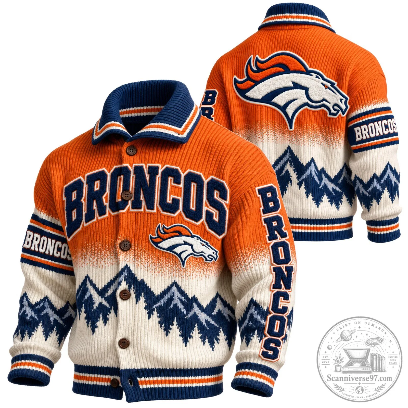 Denver Broncos NFL Football Team Logo Winter Knit Cardigan Sweater