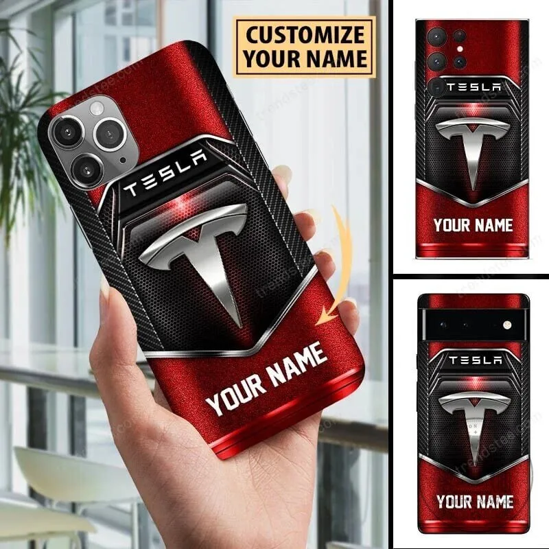 Custom Name Tesla Logo Red and Black Carbon Fiber Phone Case
