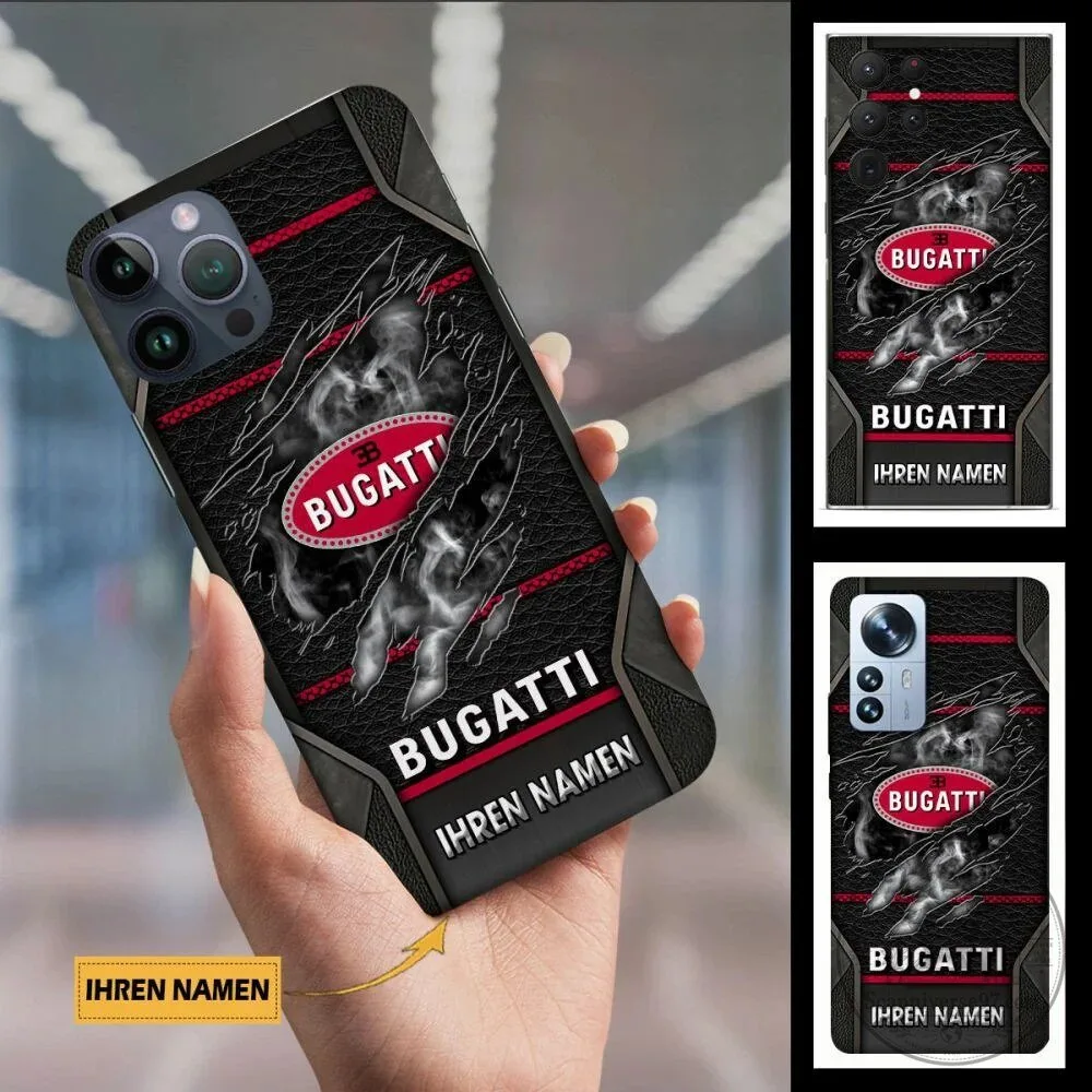 Bugatti Custom Name Car Logo Black Leather Texture Phone Case for All Models