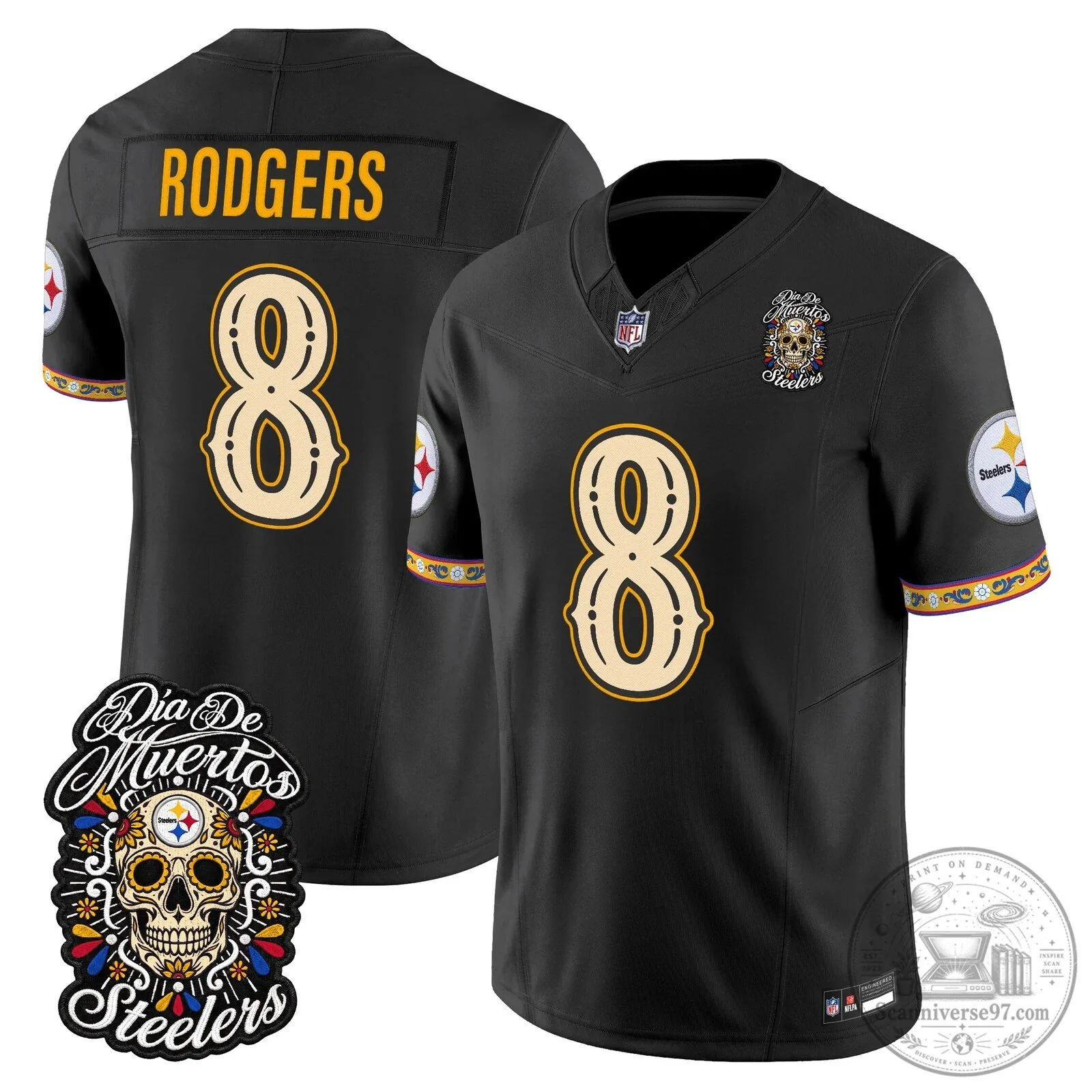 Pittsburgh Steelers Dia de los Muertos Aaron Rodgers Football Jersey 1 Pittsburgh Steelers Dia de los Muertos Aaron Rodgers Football Jersey