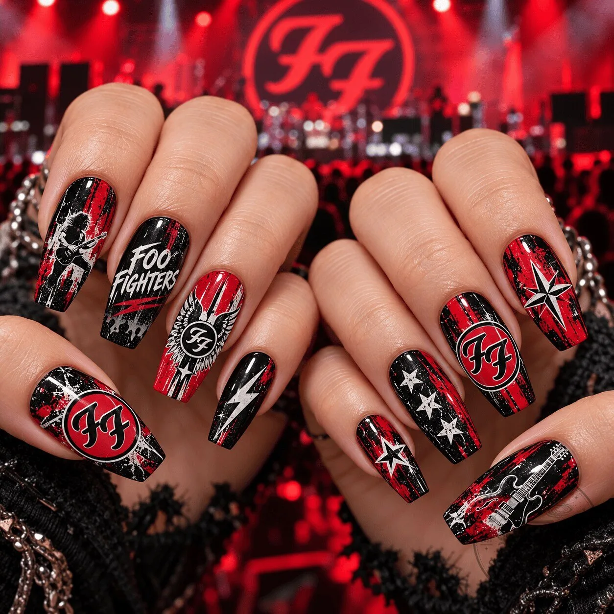 Foo Fighters Red and Black Rock Band Music Fan Press-On Nails Set