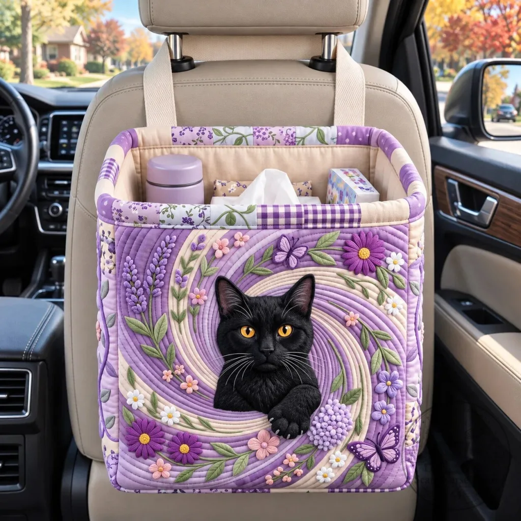 Black Cat Lavender Floral Swirl Quilted Car Backseat Organizer Basket Black Cat Lavender Floral Swirl Quilted Car Backseat Organizer Basket