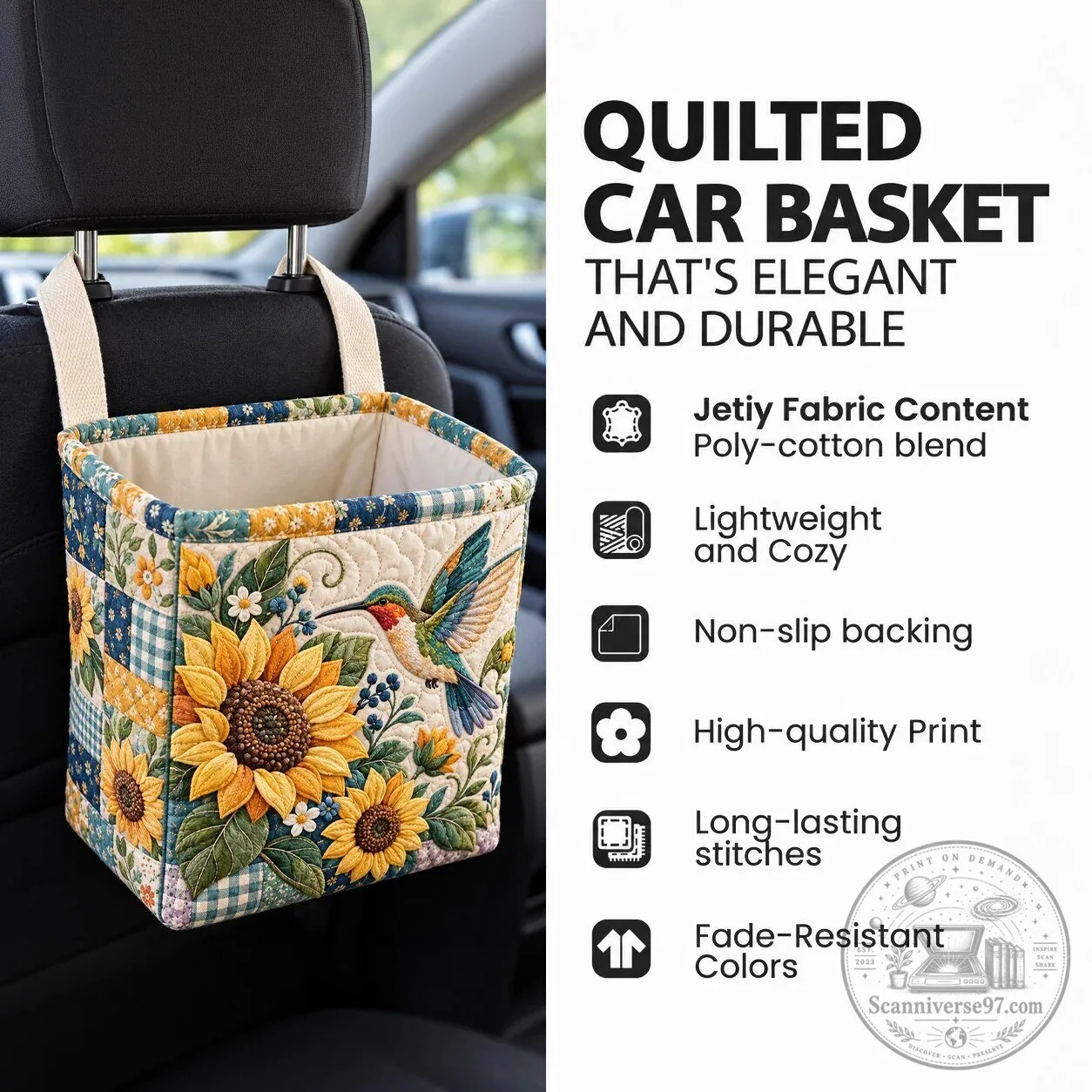 Black Cat Lavender Floral Swirl Quilted Car Backseat Organizer Basket 6 Black Cat Lavender Floral Swirl Quilted Car Backseat Organizer Basket