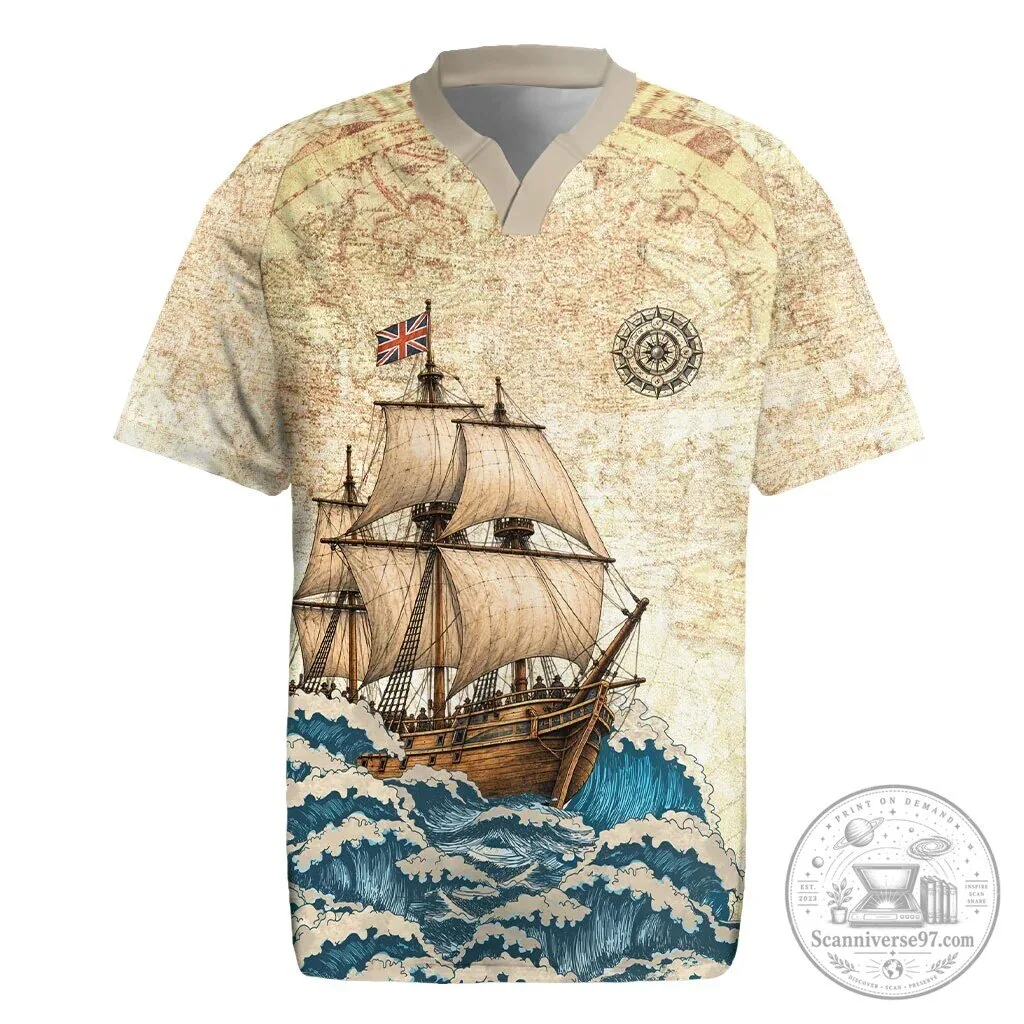 Mayflower Descendant Ship Vintage Nautical Map Ocean Waves Rugby Jersey