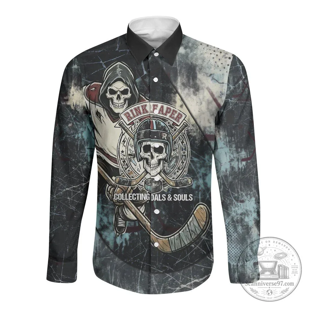 Grim Reaper Ice Hockey Player Vintage Grunge Distress Long Sleeve Button Shirt