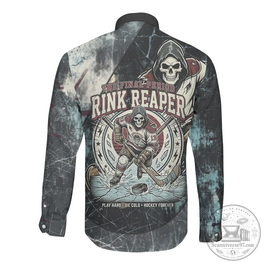 Grim Reaper Ice Hockey Player Vintage Grunge Distress Long Sleeve Button Shirt 3 Grim Reaper Ice Hockey Player Vintage Grunge Distress Long Sleeve Button Shirt