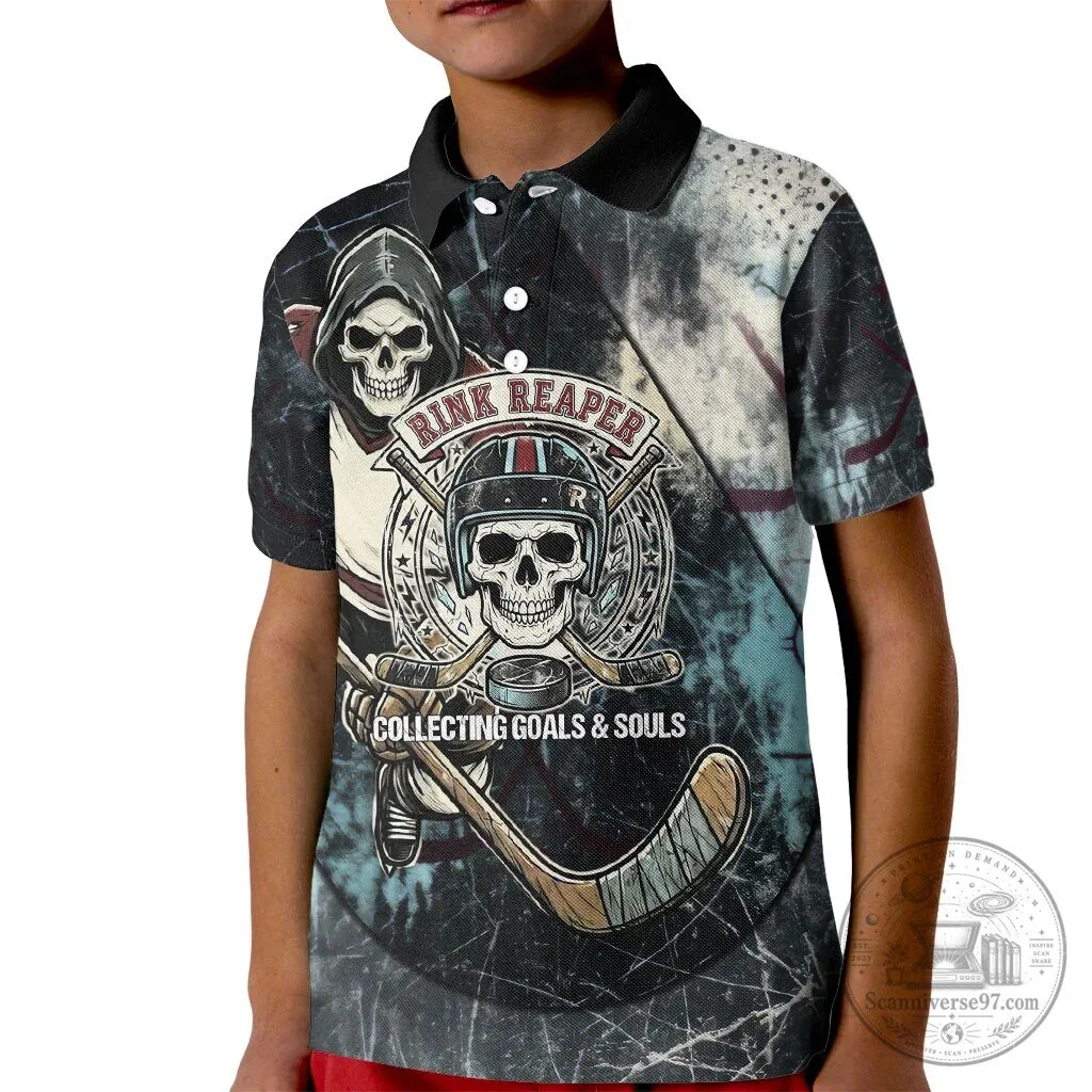 Rink Reaper Grim Reaper Skeleton Ice Hockey Player Kids Polo Shirt