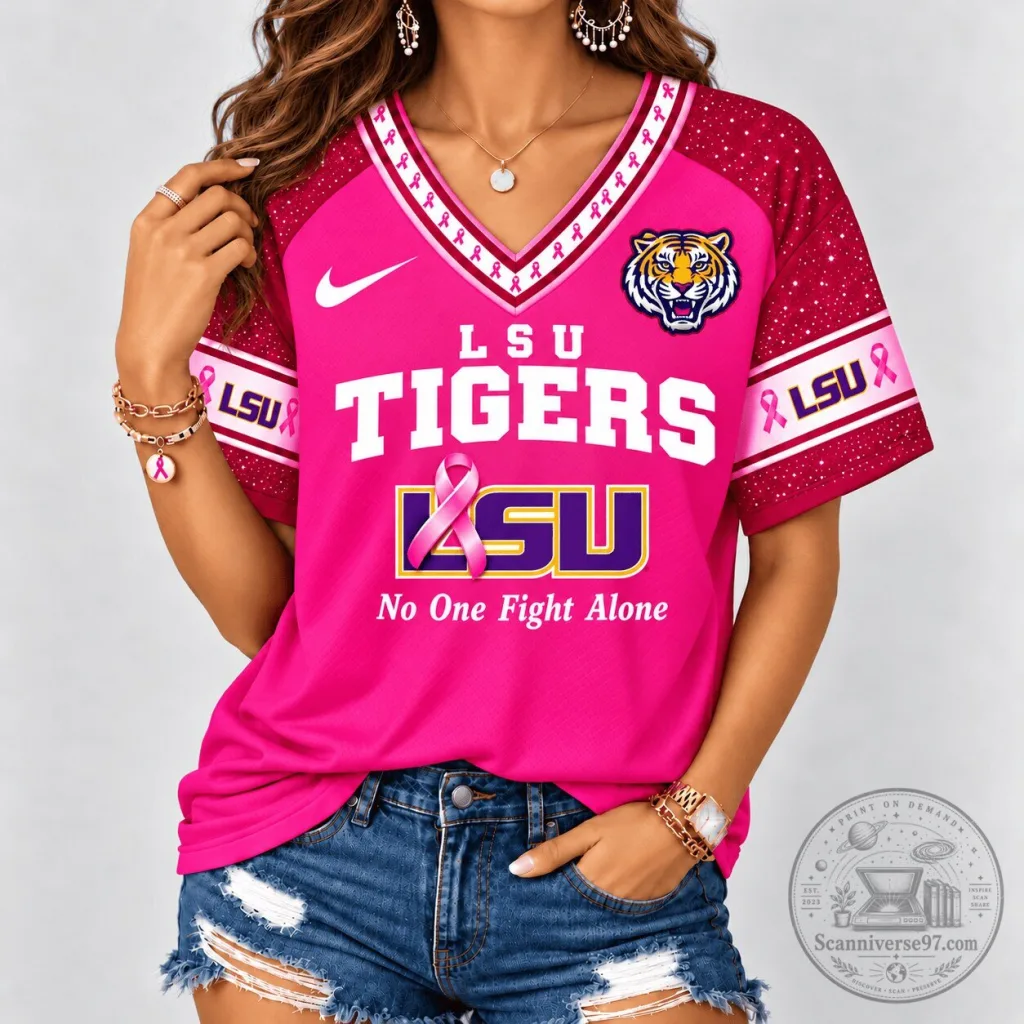 LSU Tigers Breast Cancer Awareness No One Fights Alone V-Neck T-Shirt LSU Tigers Breast Cancer Awareness No One Fights Alone V-Neck T-Shirt