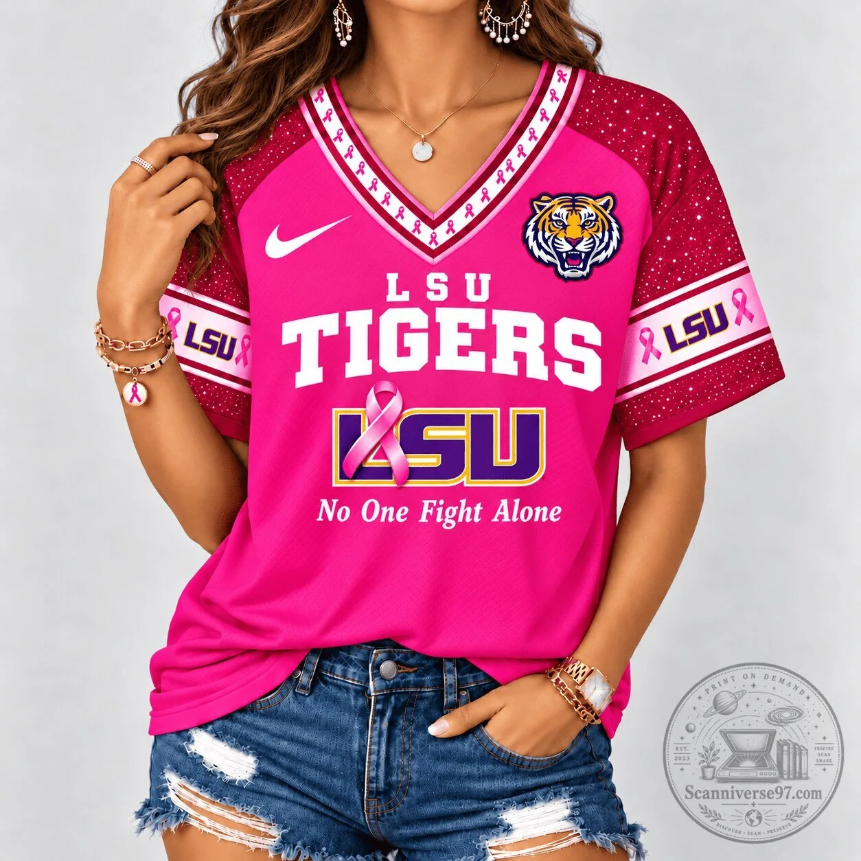 LSU Tigers Breast Cancer Awareness No One Fights Alone V-Neck T-Shirt